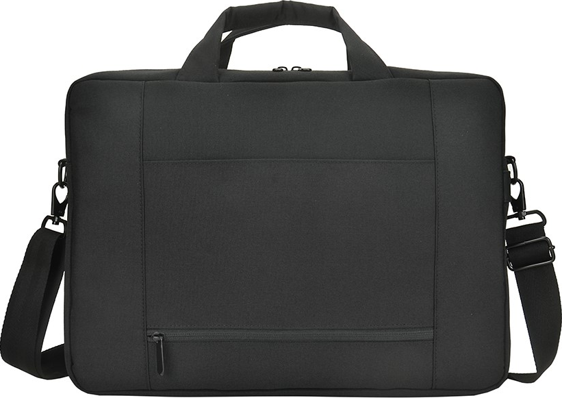 Schwarze Laptoptasche mit Henkel, Schulterriemen und Reißverschlussfach vorn.