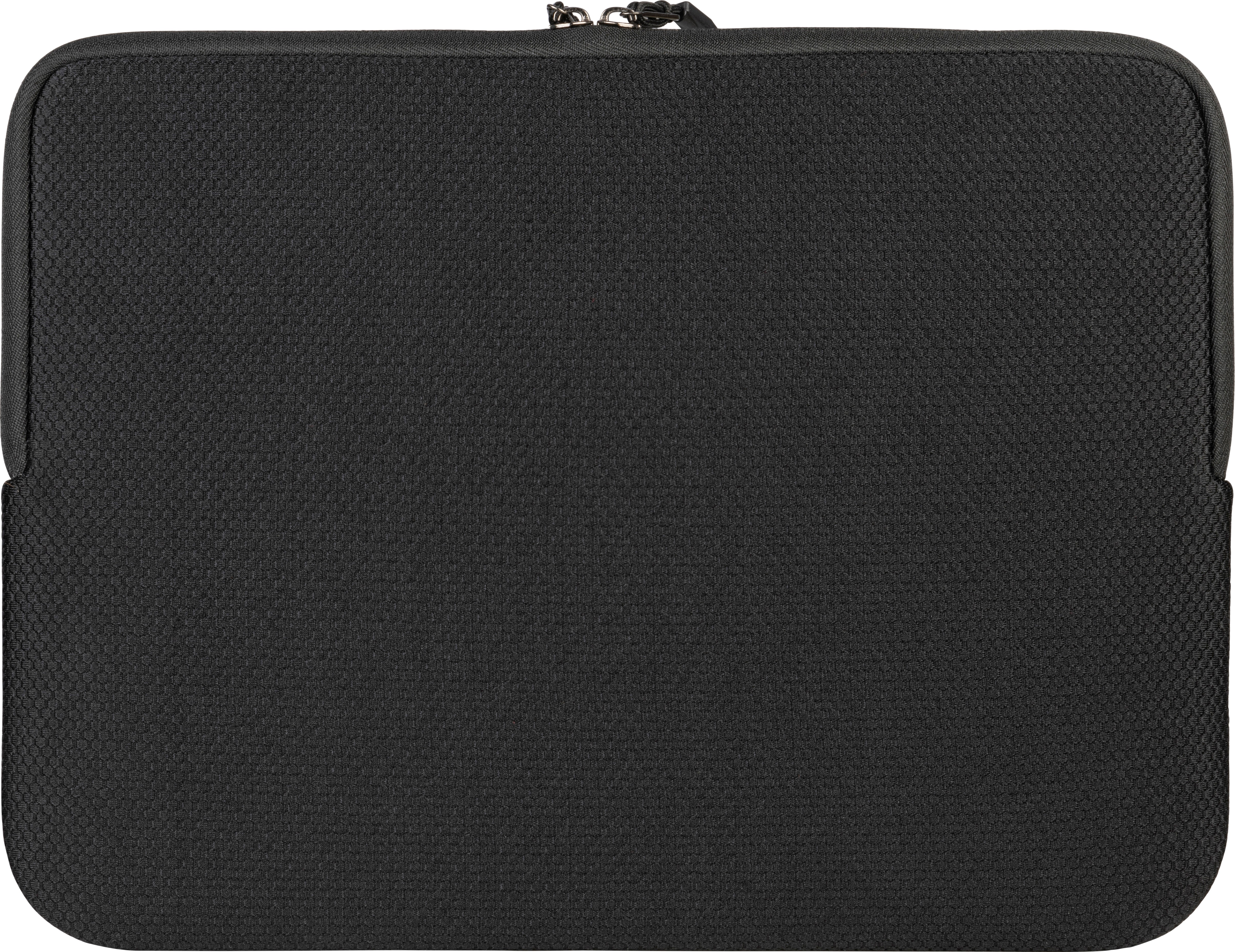 Custodia per laptop nera con cerniera, con trama intrecciata.