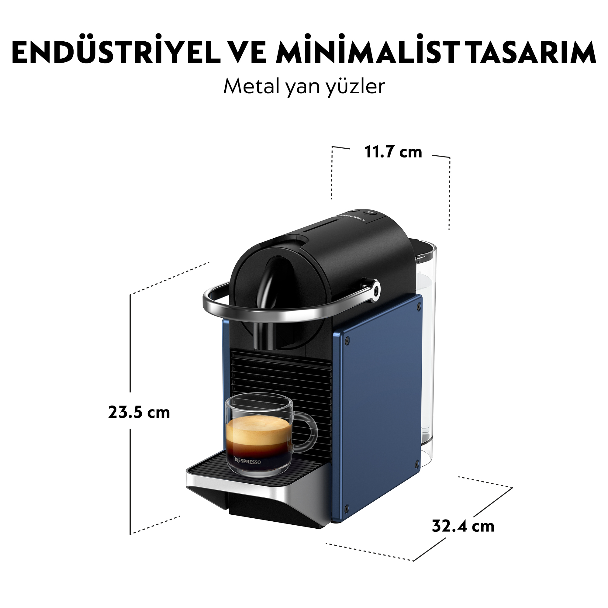 Mavi ve siyah Nespresso makinesi, bir bardak kahve ve boyutları belirtilmiş.