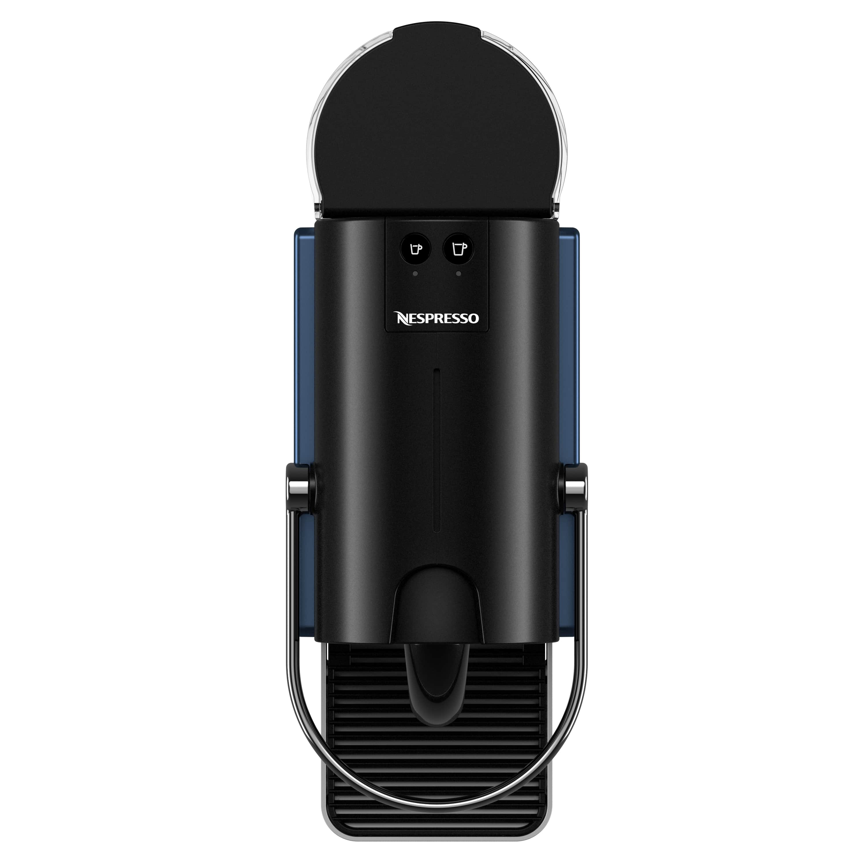 Siyah ve mavi bir Nespresso makinesinin yukarıdan görünümü.
