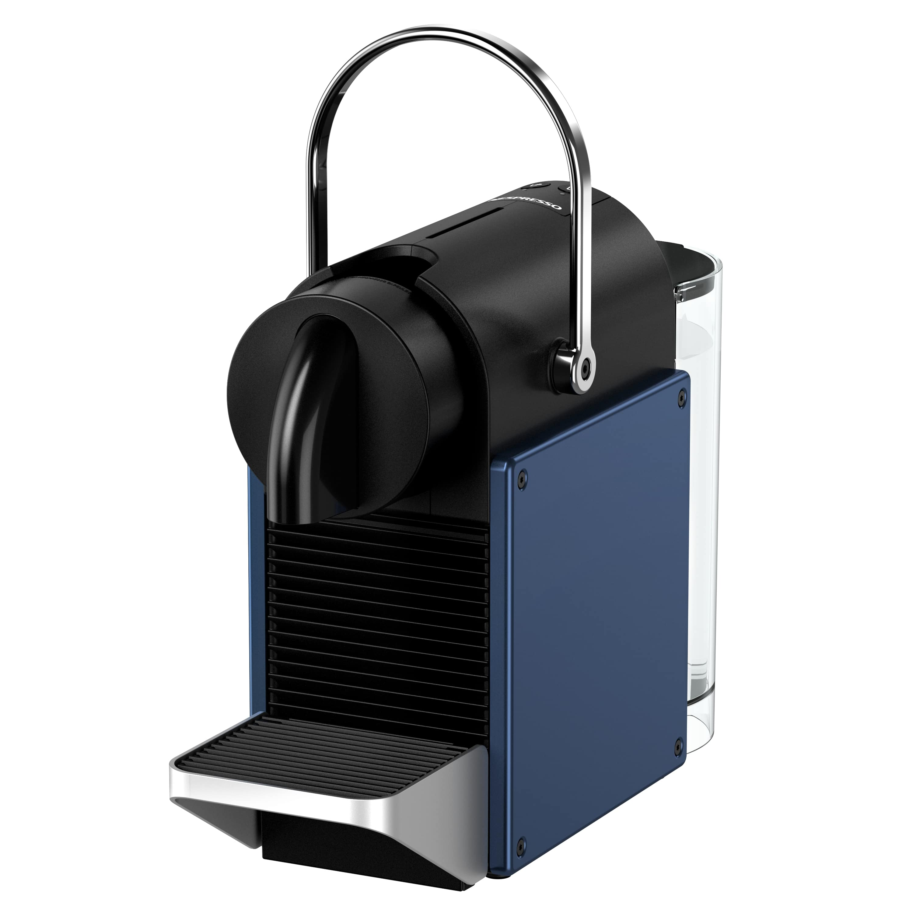 Siyah ve mavi bir Nespresso kahve makinesi. Bir tutacağı ve bir su deposu bulunur.