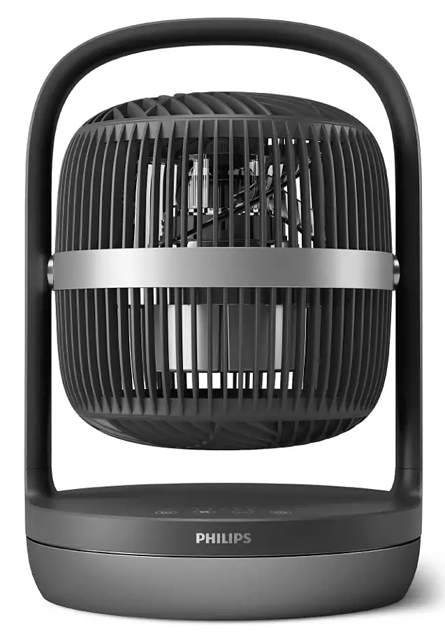 Czarny wentylator Philips z uchwytem. Wentylator ma cylindryczny kształt ze srebrnym paskiem.