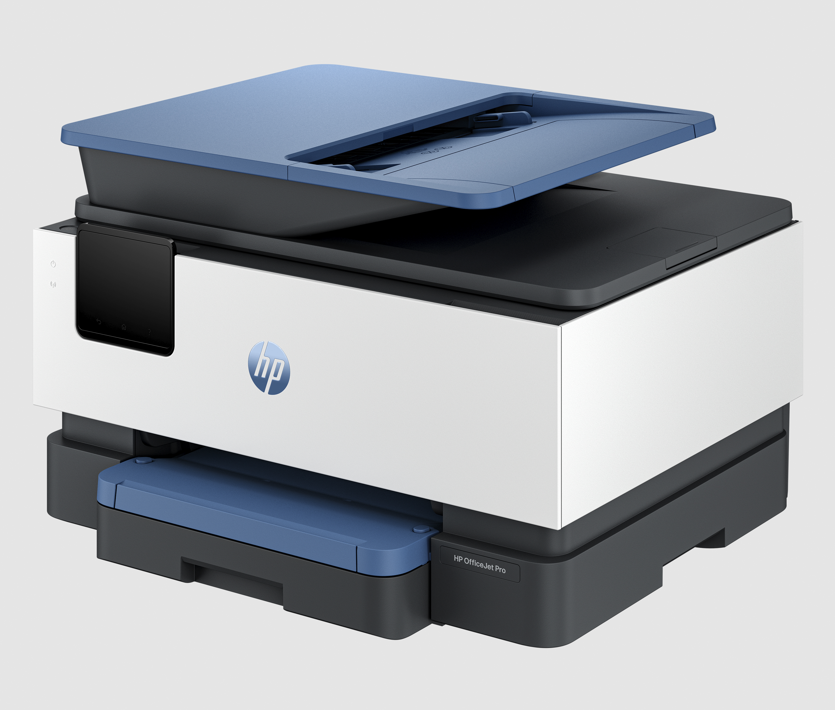 Una impresora HP OfficeJet Pro con tapa azul y cuerpo blanco y negro.