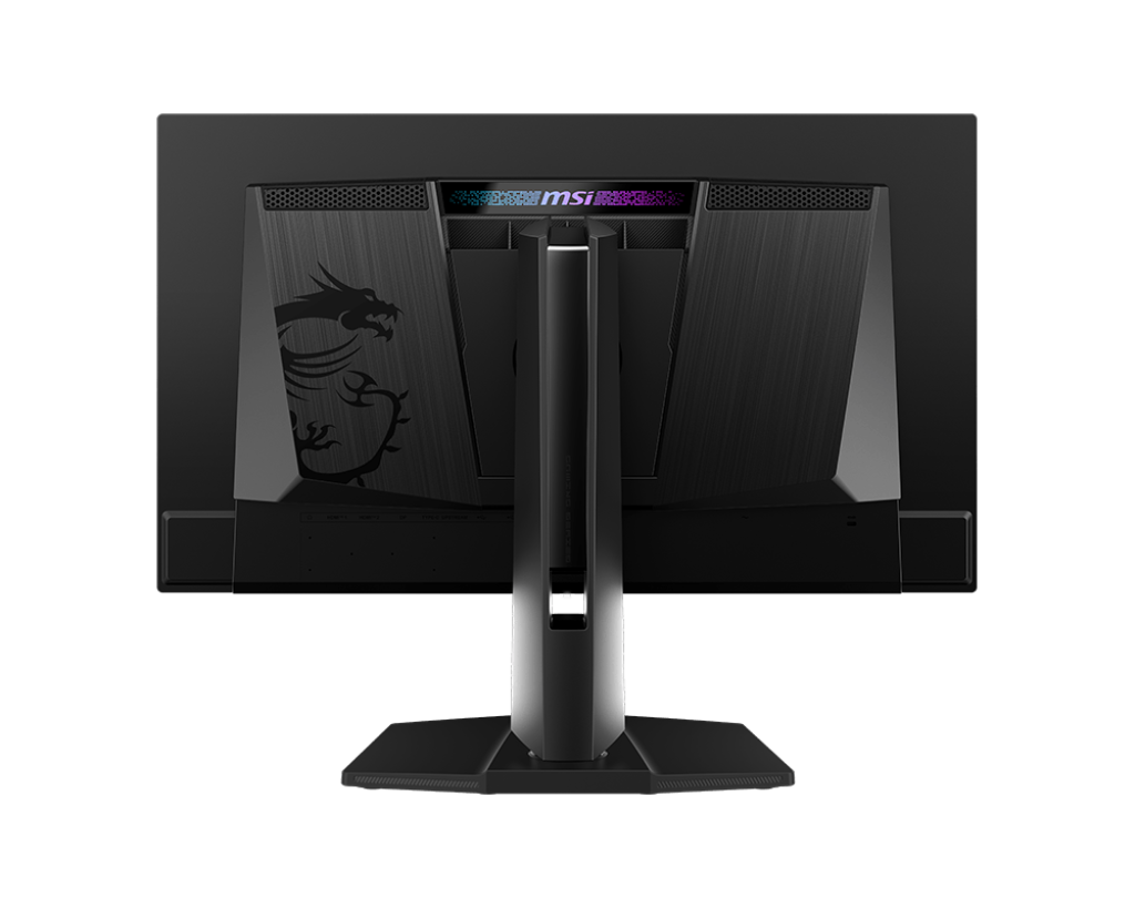 Vista trasera de un monitor de computadora negro con un logotipo de dragón y la marca MSI.