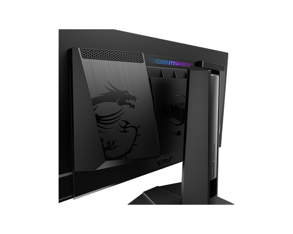 La parte trasera de un monitor de computadora negro con un logotipo de dragón y ventilaciones.