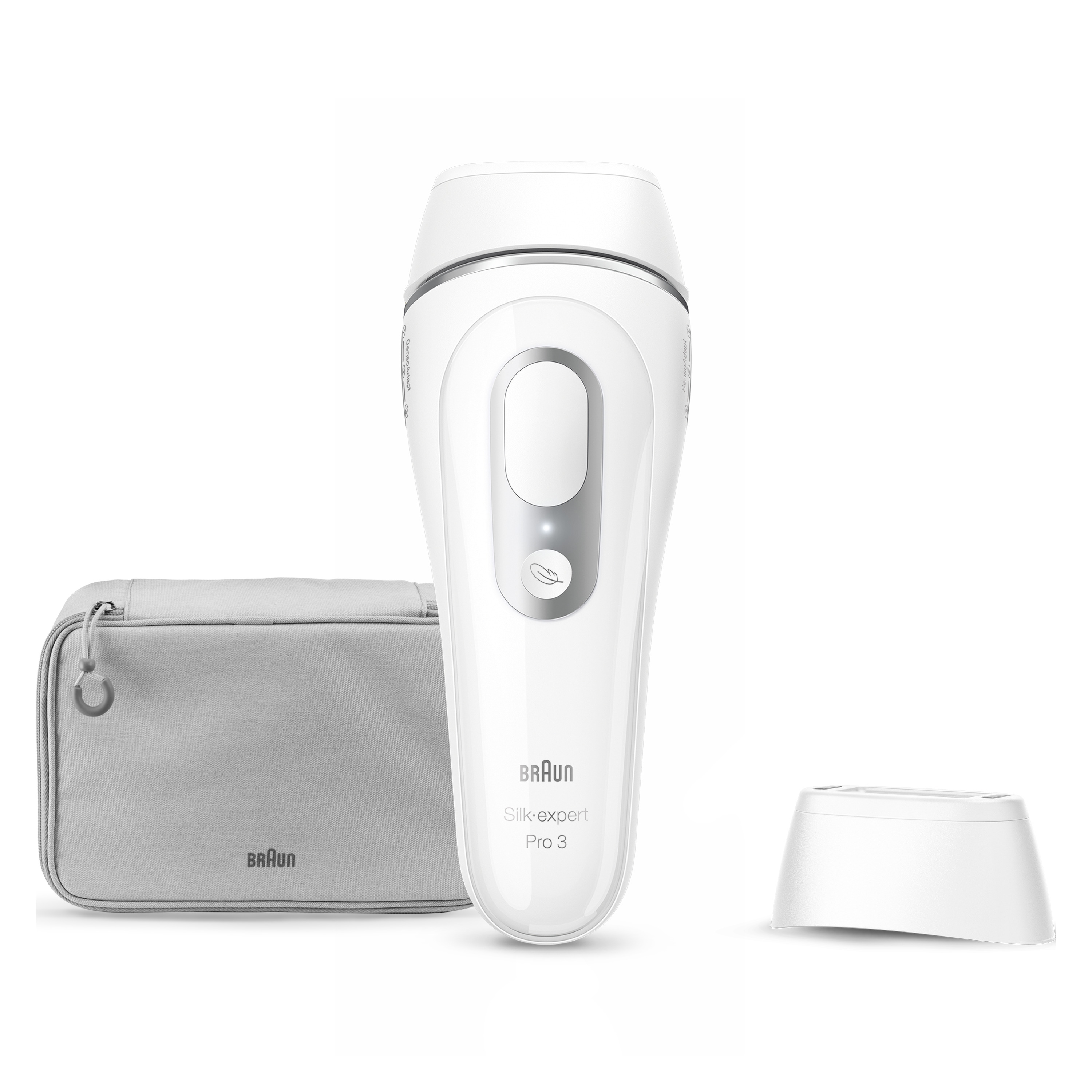 Biały Braun Silk-expert Pro 3 z szarą torebką i stacją ładującą na białej powierzchni.