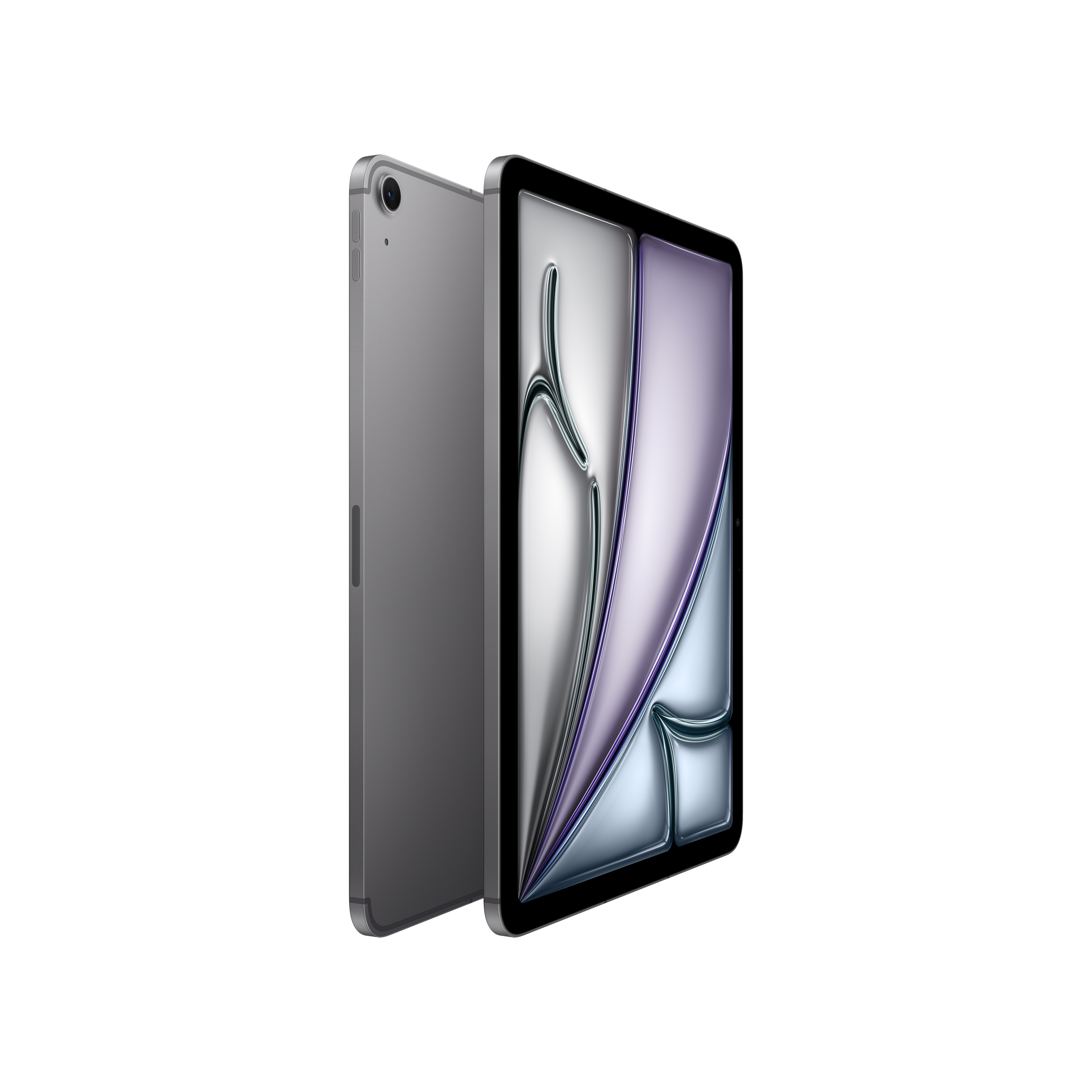 Yan ve önden tablet. Arka plan mor bir tasarımla beyazdır.