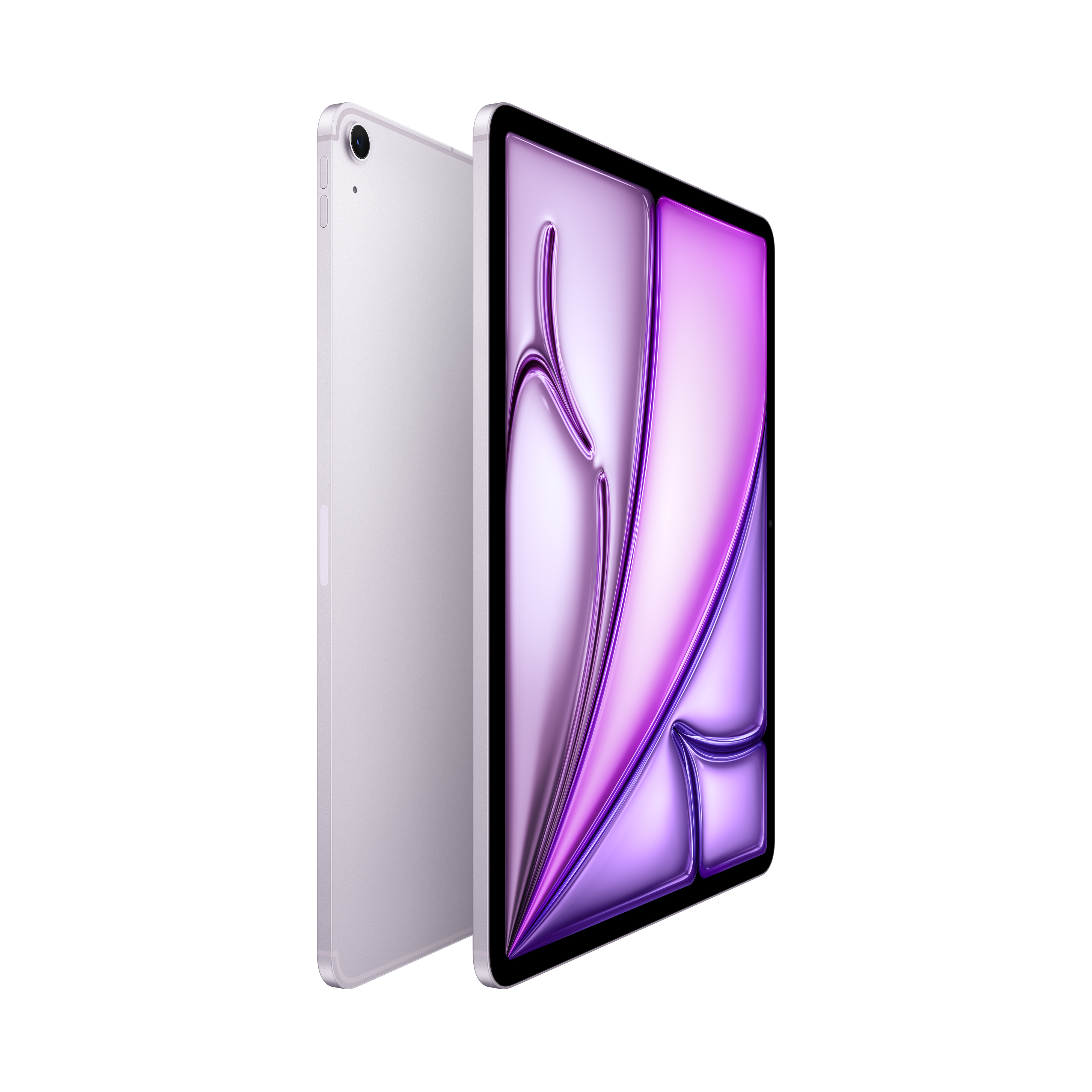 Mor ekranlı gümüş bir iPad. Cihaz, beyaz bir arka plan üzerinde iki açıdan gösterilmektedir.