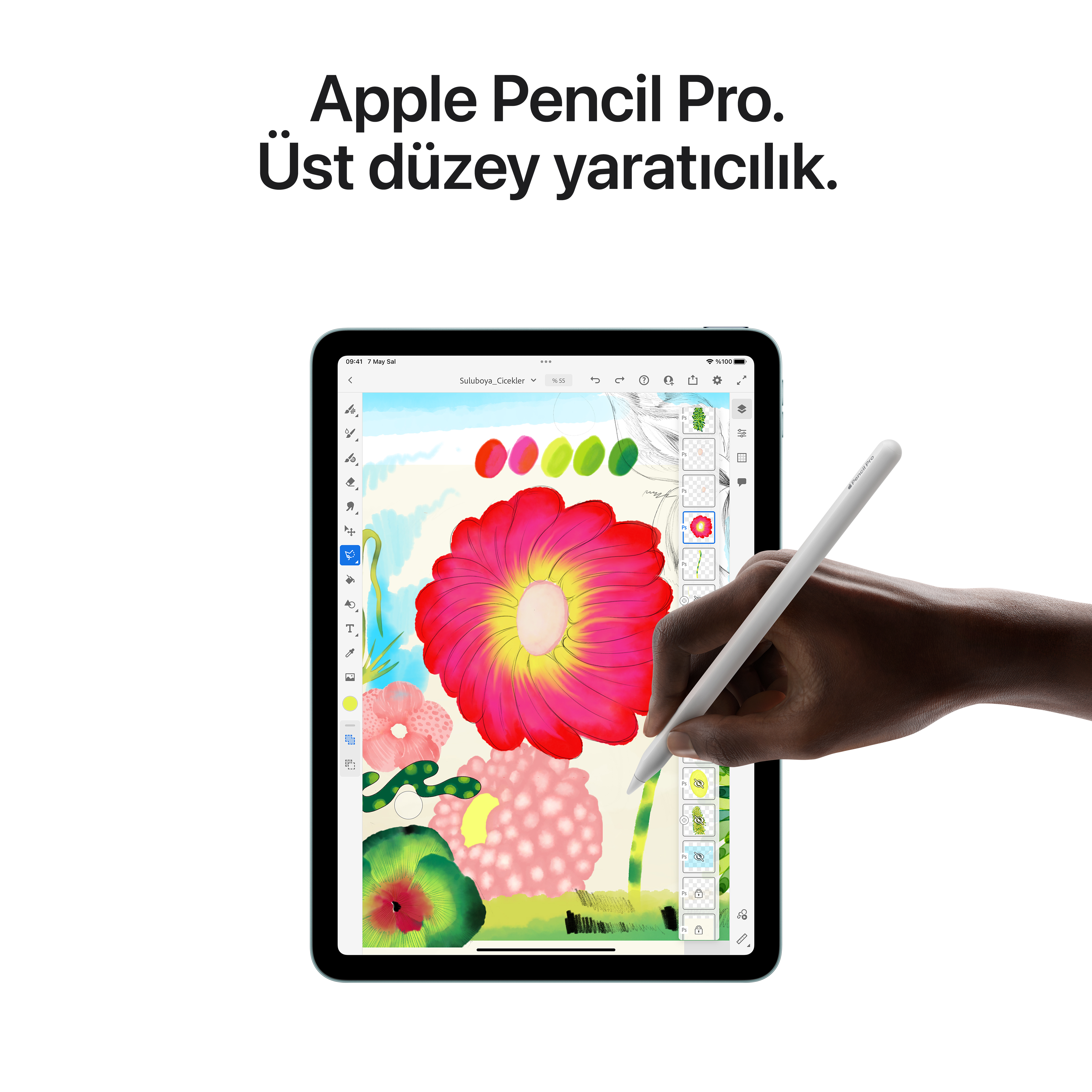 Çizim yapılmış bir iPad ve beyaz bir Apple Pencil. Üstte 'Apple Pencil Pro' yazısı.