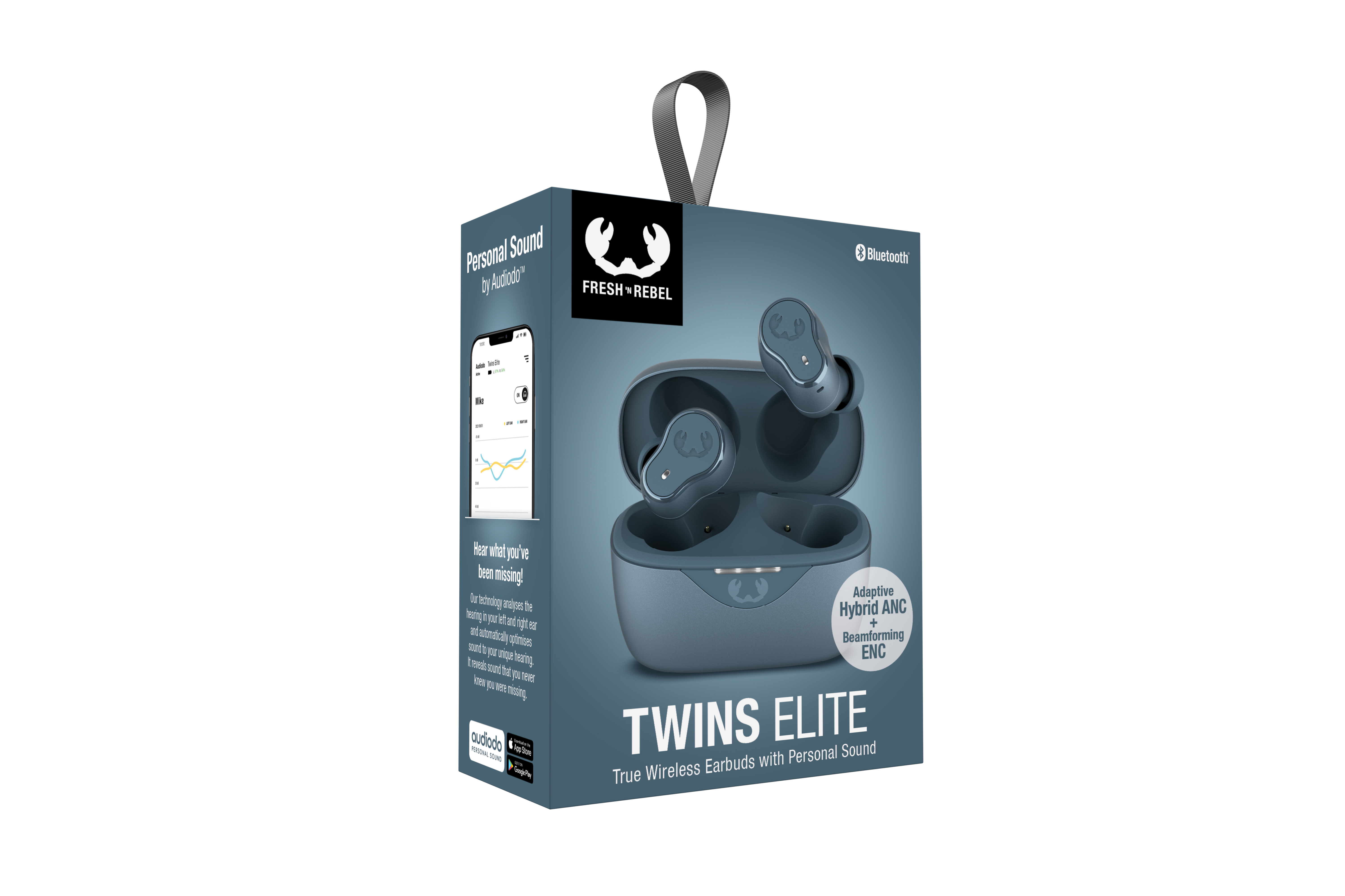Twins Elite kulaklık kutusu. Kutu, kulaklıkları, bir telefon ekranını ve markalaşmayı gösterir.