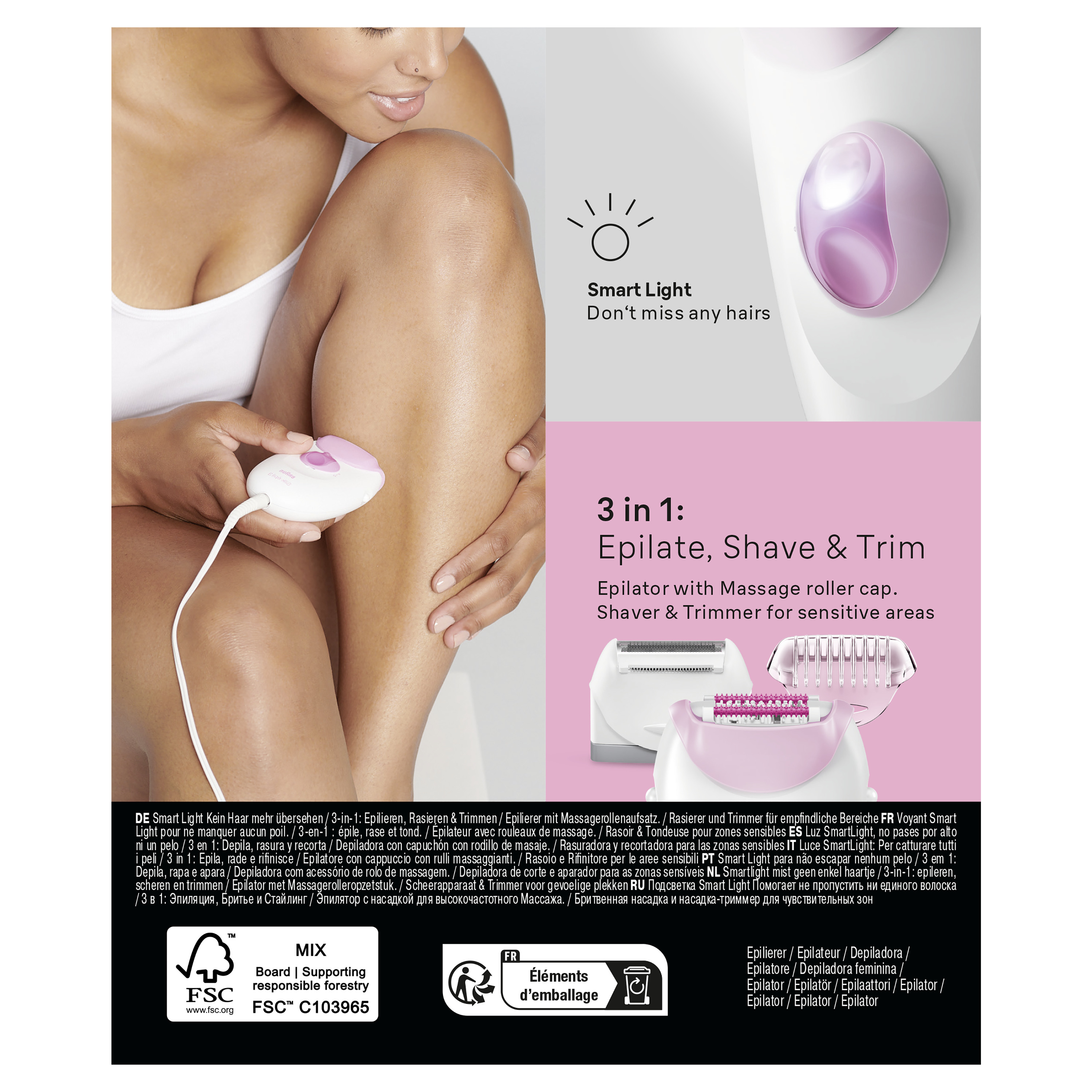 Kobieta używająca depilatora, ze szczegółami produktu i jego cechami.