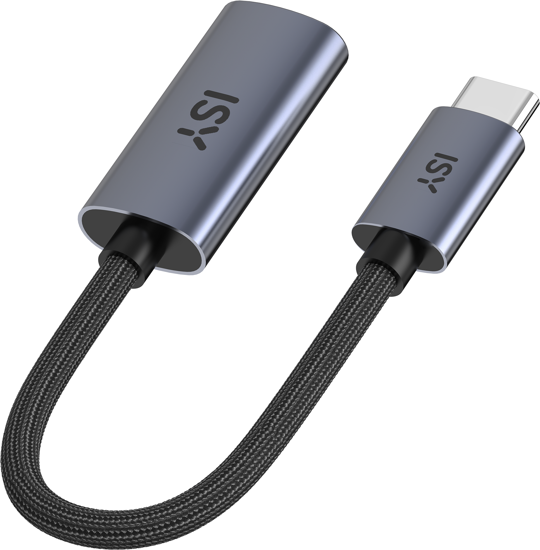 Un cavo adattatore da USB-C a USB-C grigio. Un'estremità è collegata, l'altra è un connettore USB-C.