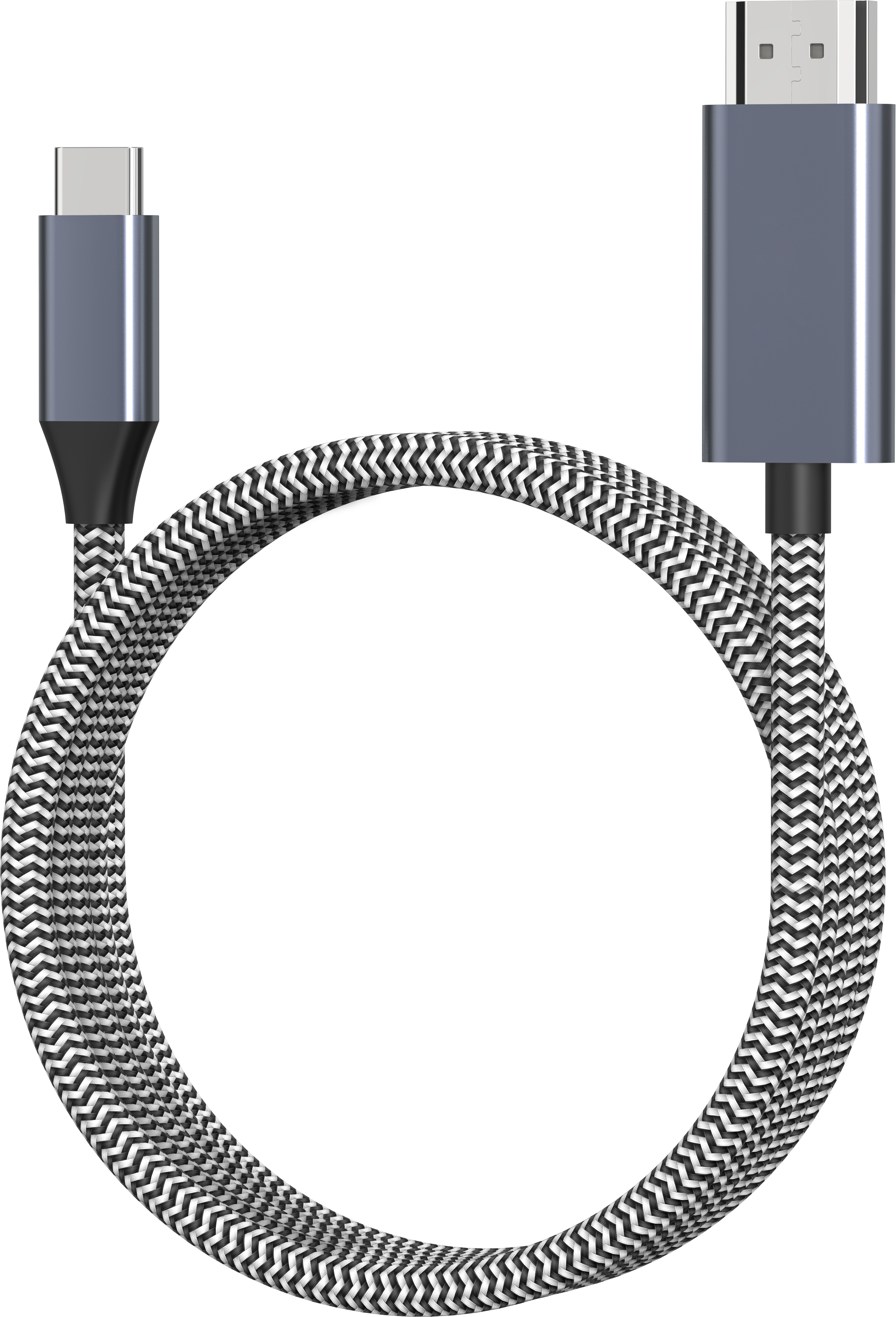 Un câble USB-C vers HDMI avec un motif en zigzag noir et blanc. Les extrémités sont gris foncé.
