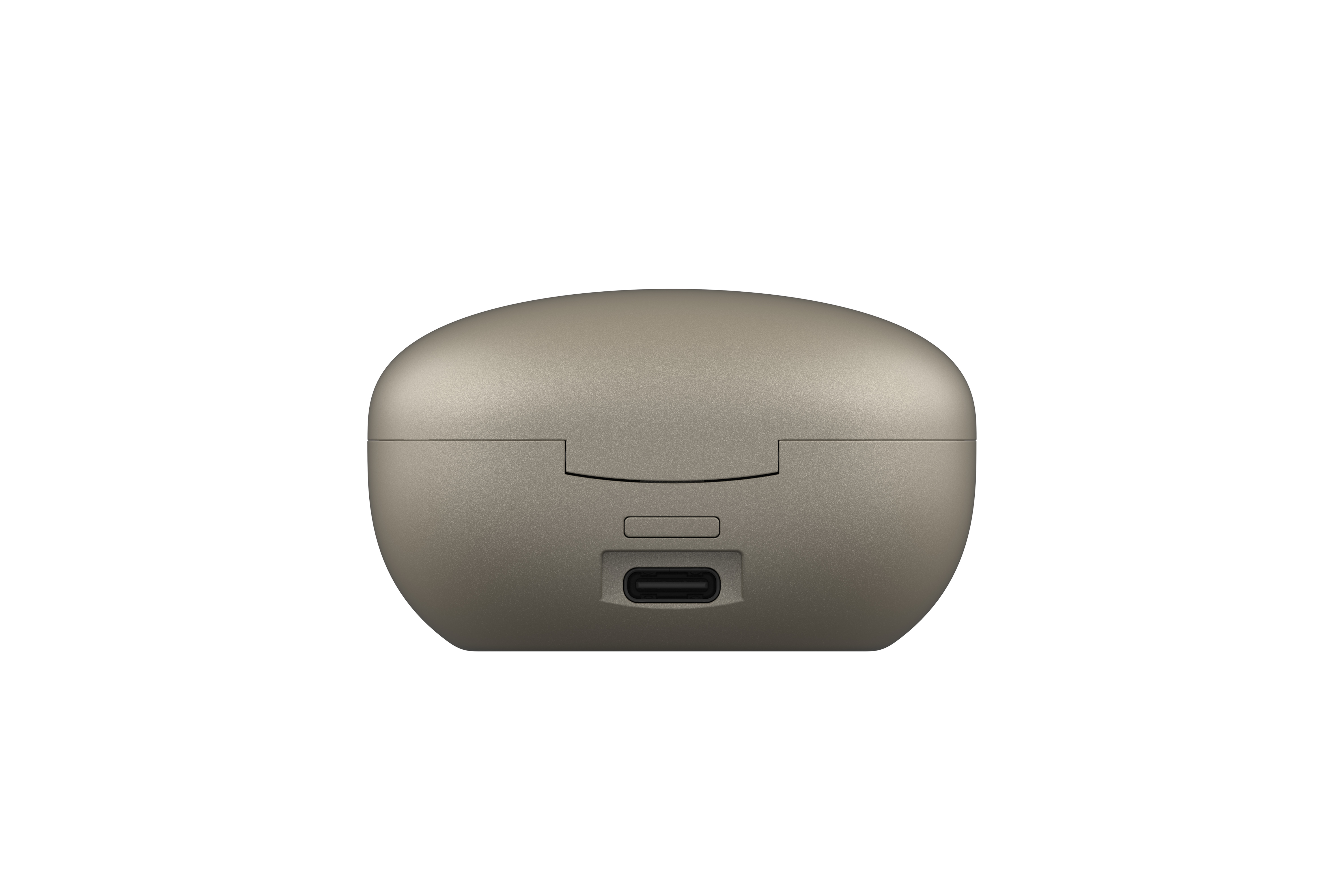 USB-C bağlantı noktasına sahip, kapalı, altın rengi kulaklık şarj kutusu.