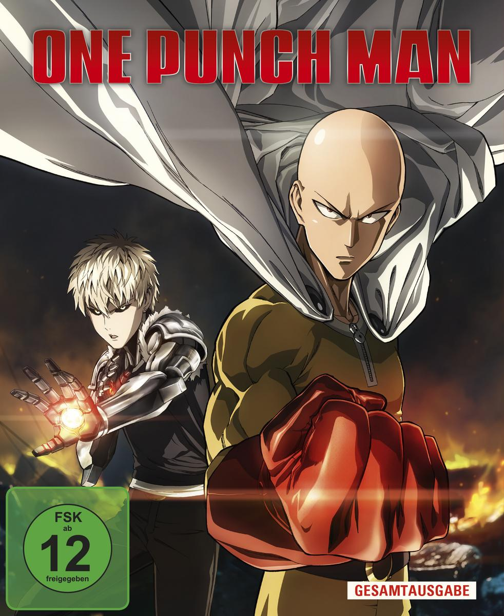 Anime-Filmcover, zwei Männer in heldenhaften Posen. One Punch Man-Titel, japanischer Text, weißer Hintergrund.