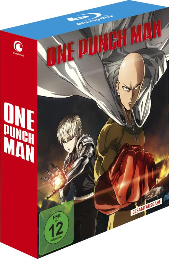 Eine Blu-ray-Box für One Punch Man mit einem Cartoon-Bild der Charaktere.