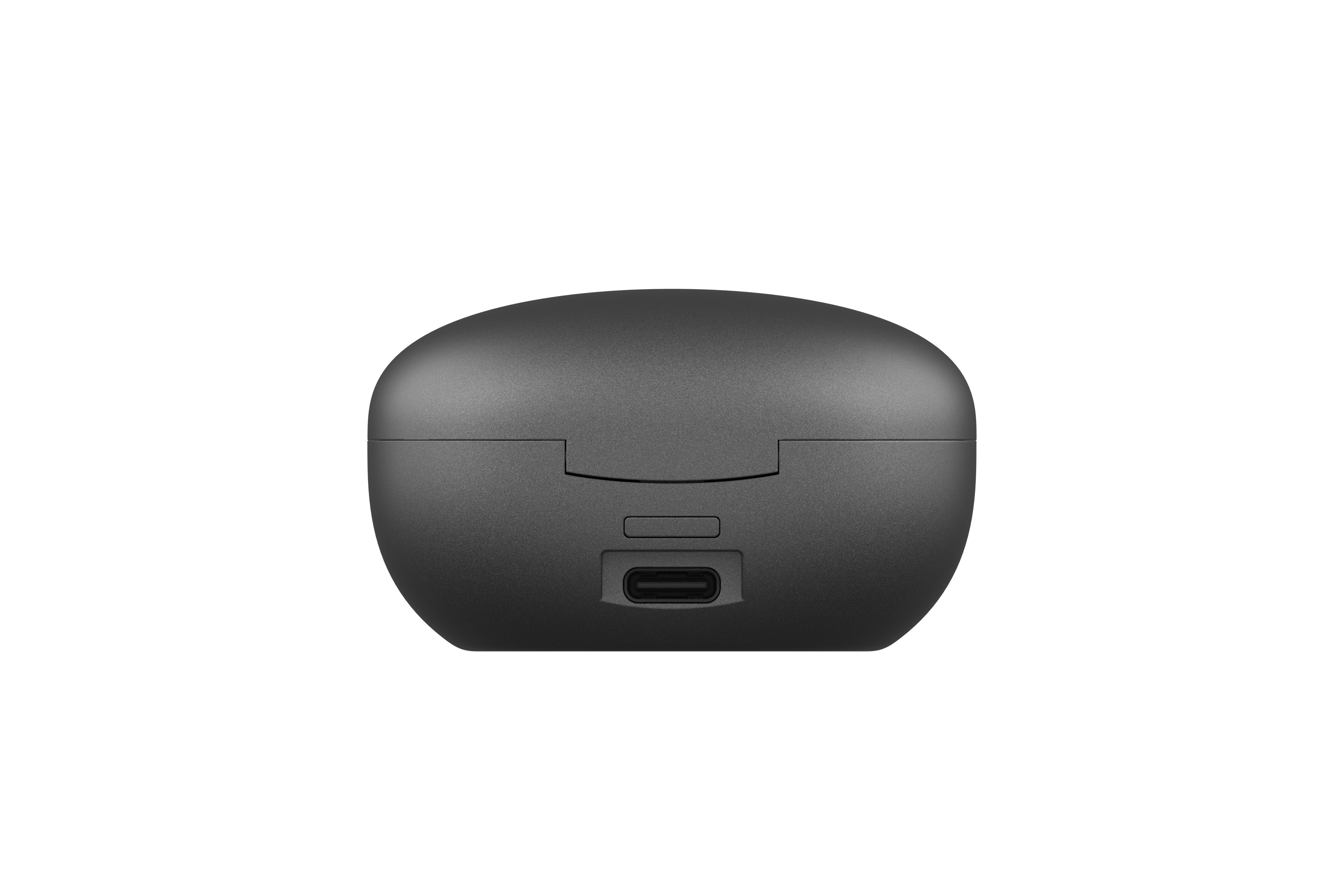 Kulaklıklar için siyah, oval şeklinde bir şarj kutusunun yakın çekimi, USB-C bağlantı noktası görünüyor.