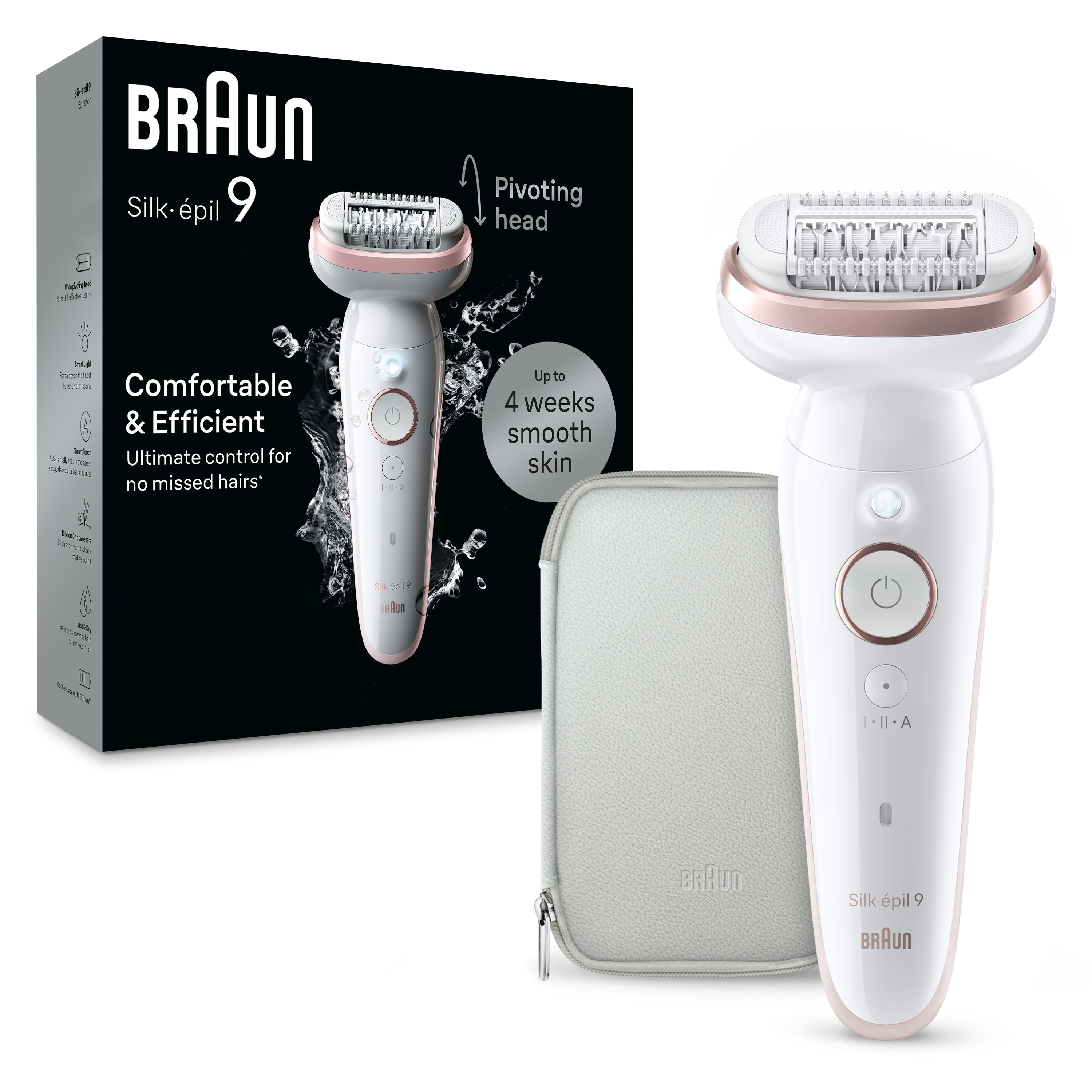 Depilator Braun Silk-épil 9 z podstawką ładującą i szarym etui podróżnym. Białe tło.