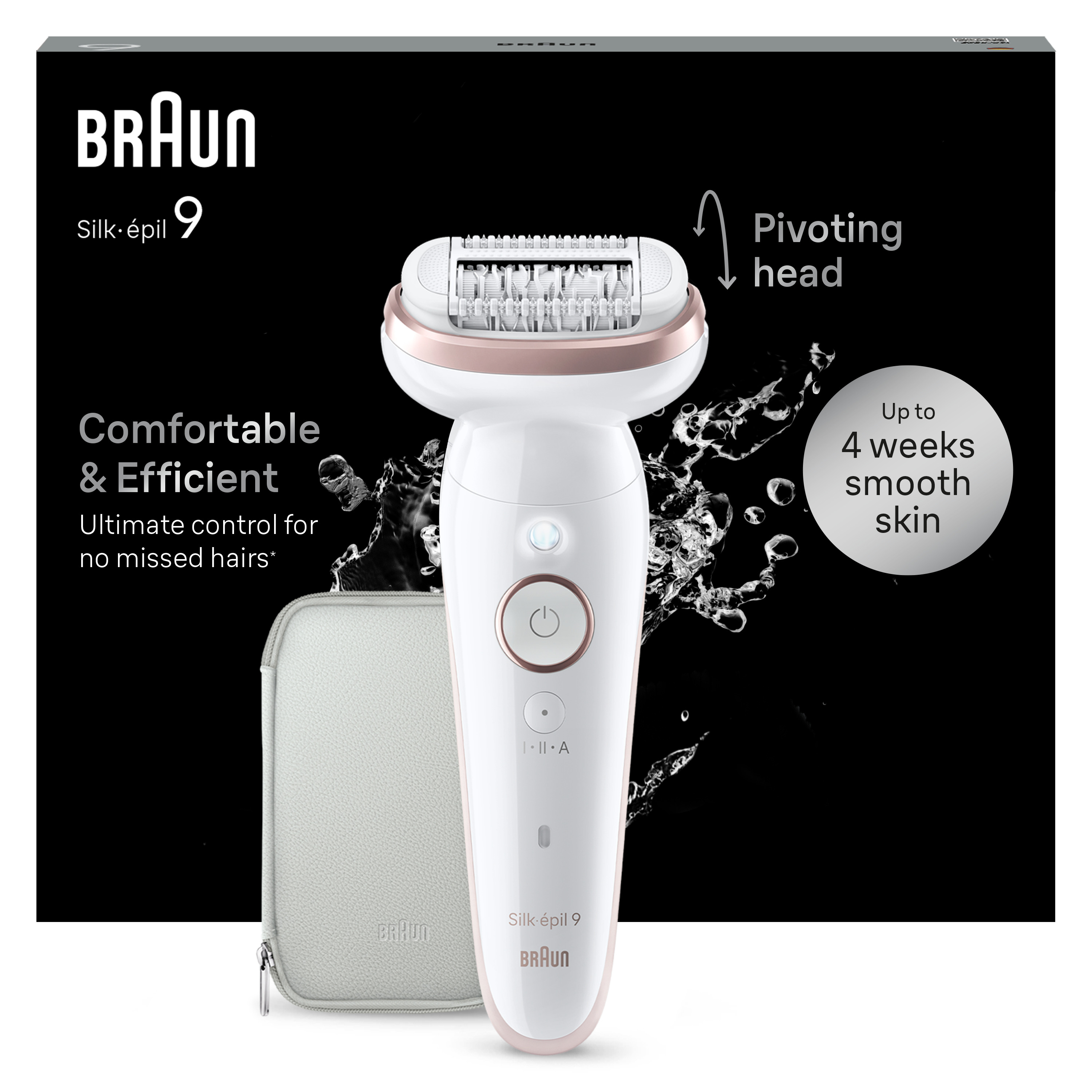 Depilator Braun Silk-épil 9 z pudełkiem i akcesoriami na czarnym tle.