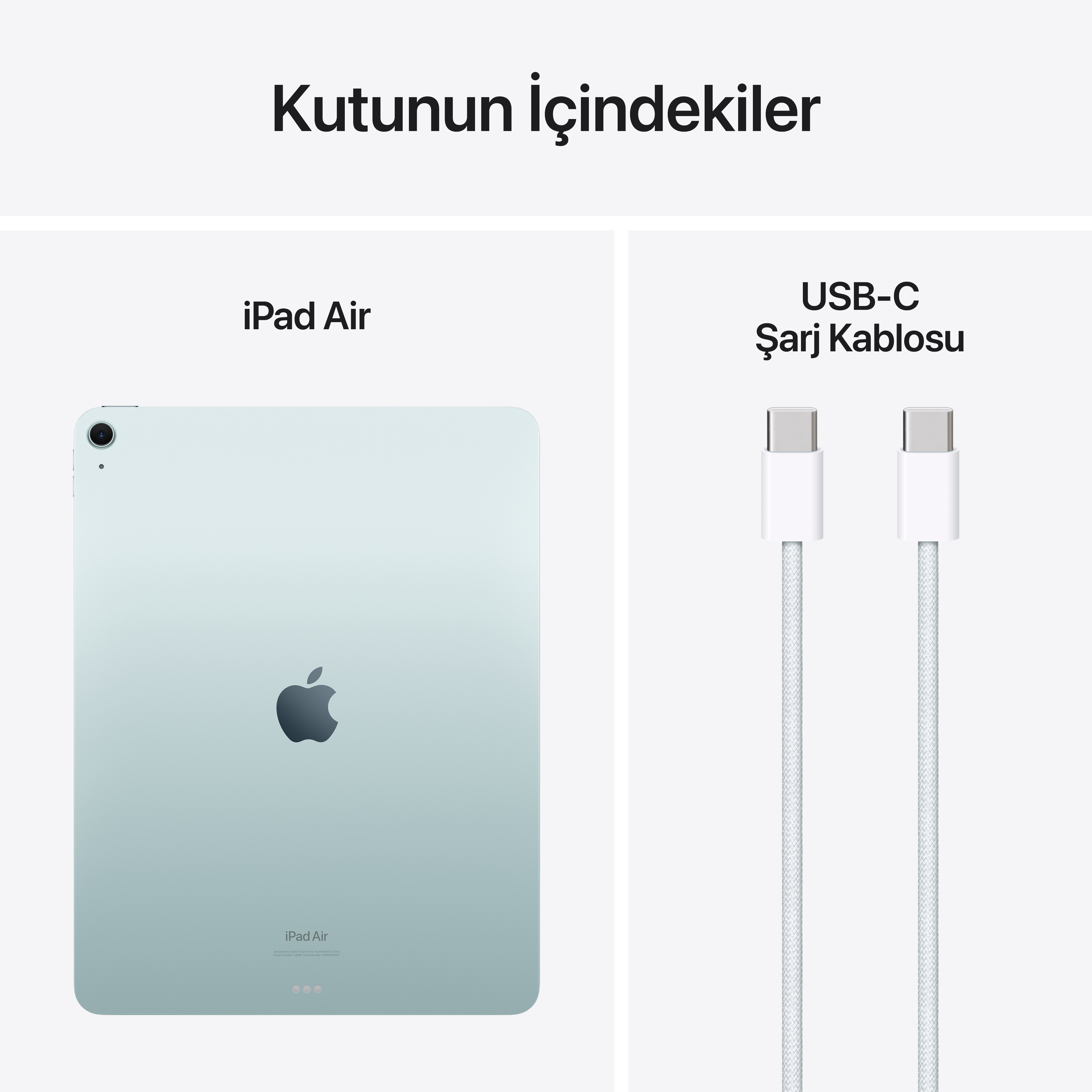 iPad Air ve USB-C şarj kablosu. iPad, Apple logolu açık mavidir. Beyaz arka plan.