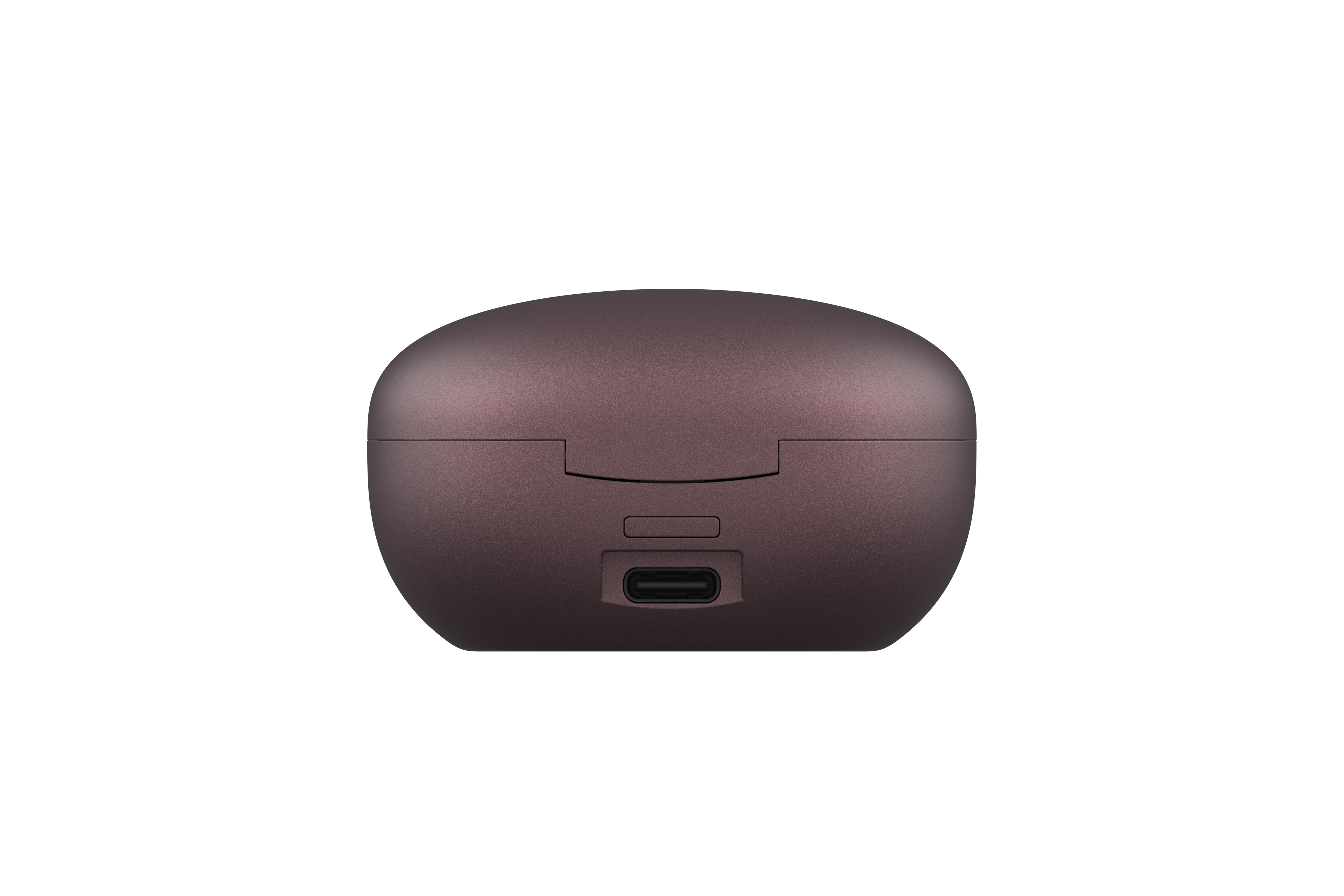 Koyu mor kulaklık şarj kutusu, tabanında USB-C portu ve beyaz zemin.