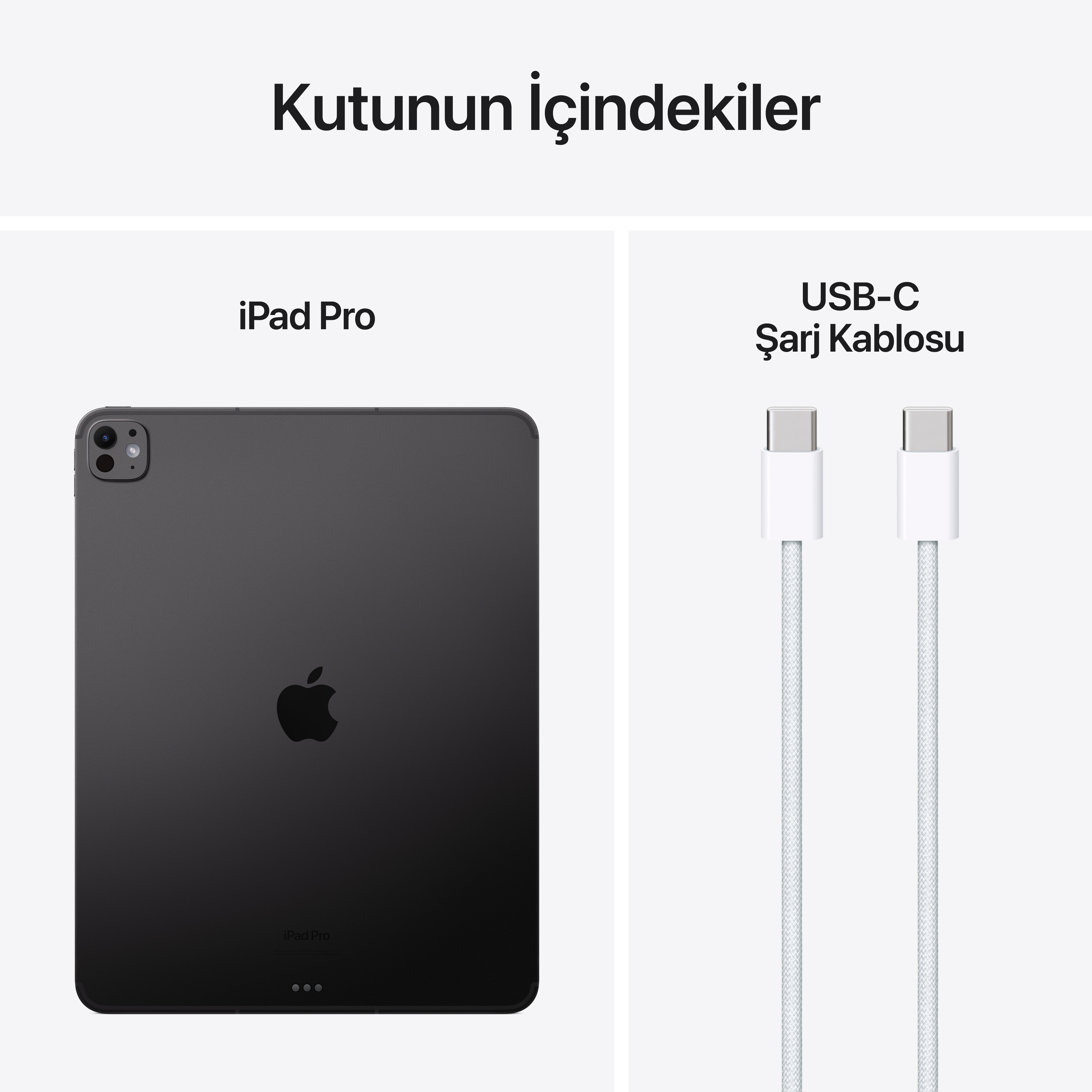 iPad Pro ve bir USB-C şarj kablosu, yan yana, beyaz bir arka planda.