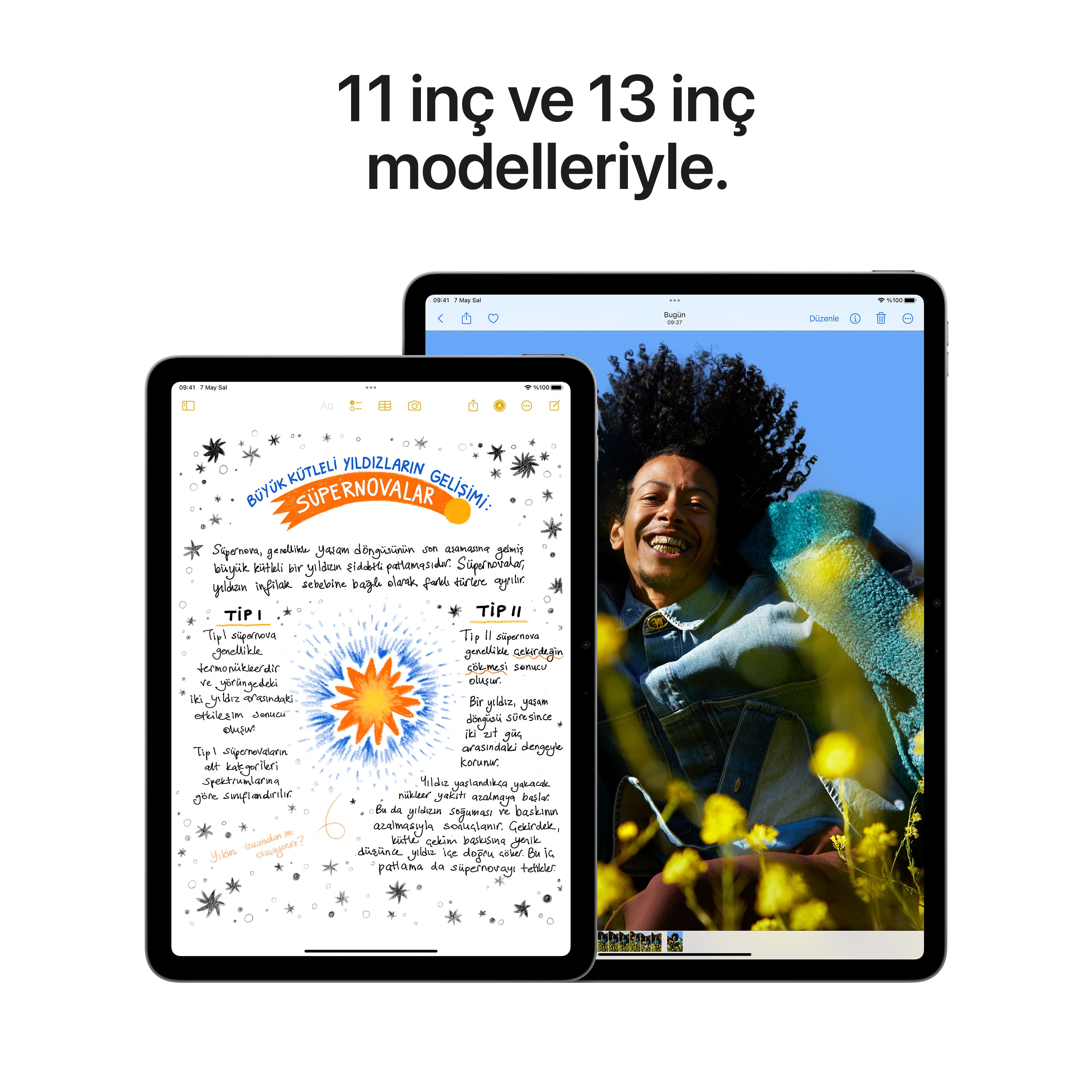 Yan yana iki tablet görüntüleniyor. Her ikisi de notları gösteriyor. Biri yatay, diğeri dikey.