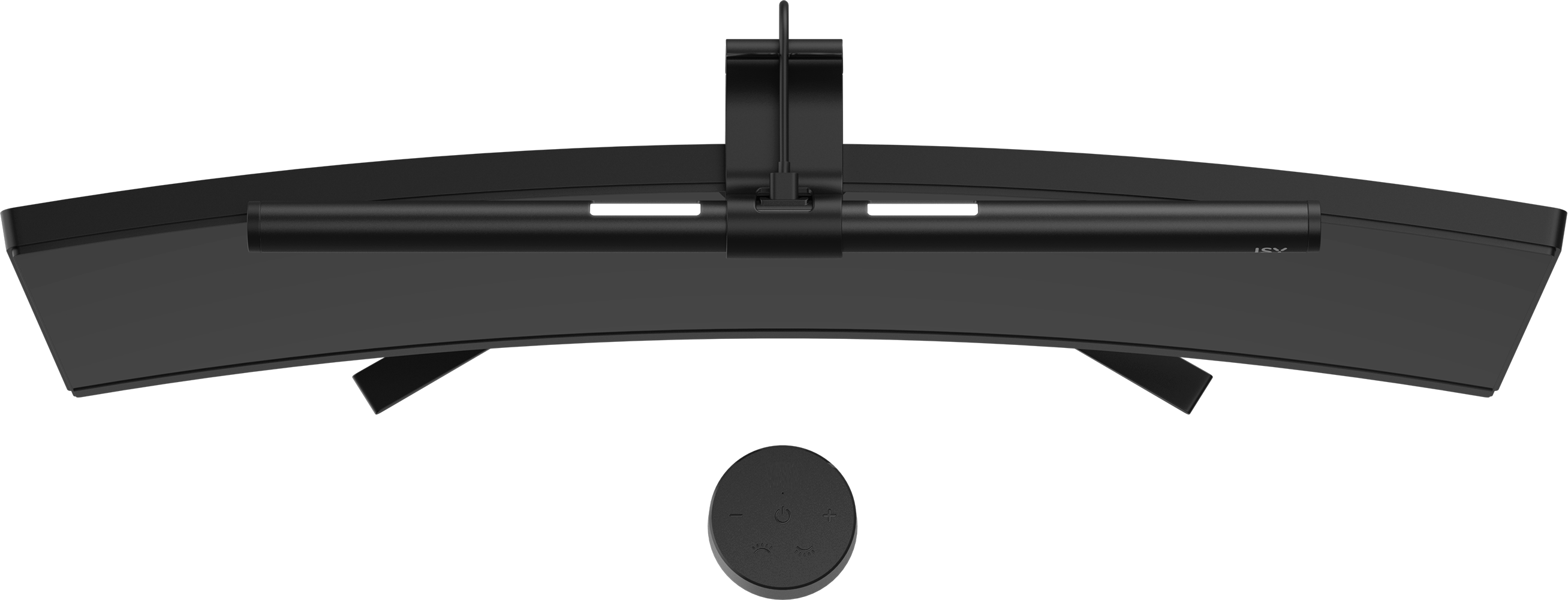Moniteur noir incurvé vu d'en haut avec une barre lumineuse et un panneau de commande circulaire en dessous.