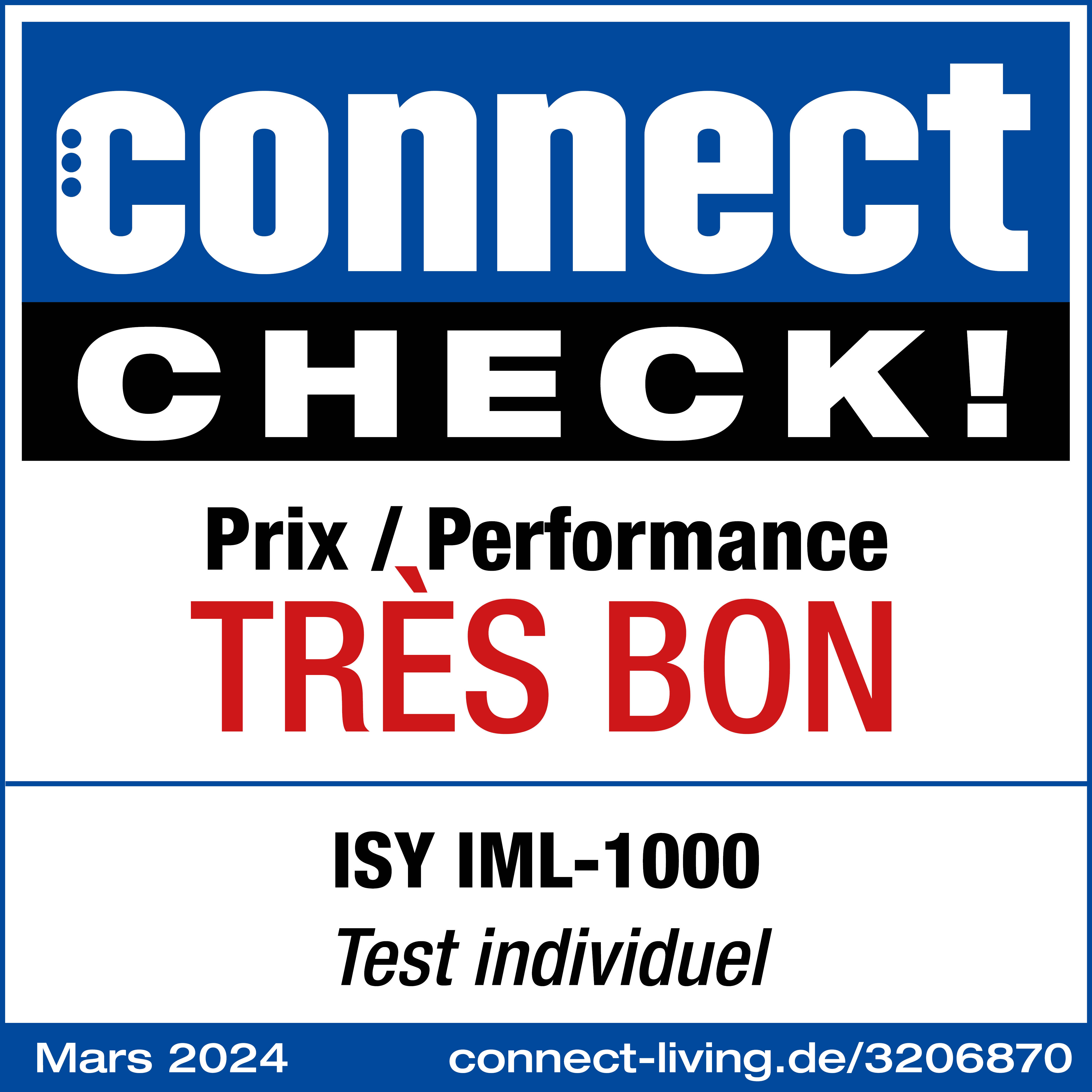 Un panneau blanc avec du texte noir et rouge. Il dit 'connect CHECK!' et 'TRÈS BON' avec un logo.
