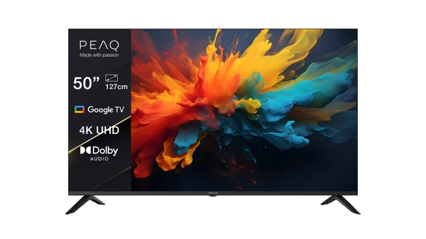 Un televisor de 50 pulgadas con una pantalla colorida. Tiene logotipos de Google TV, 4K UHD y Dolby Audio.