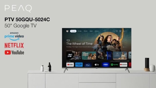 TV con interfaz de Google TV. Logos de Amazon Prime, Netflix y YouTube al lado.