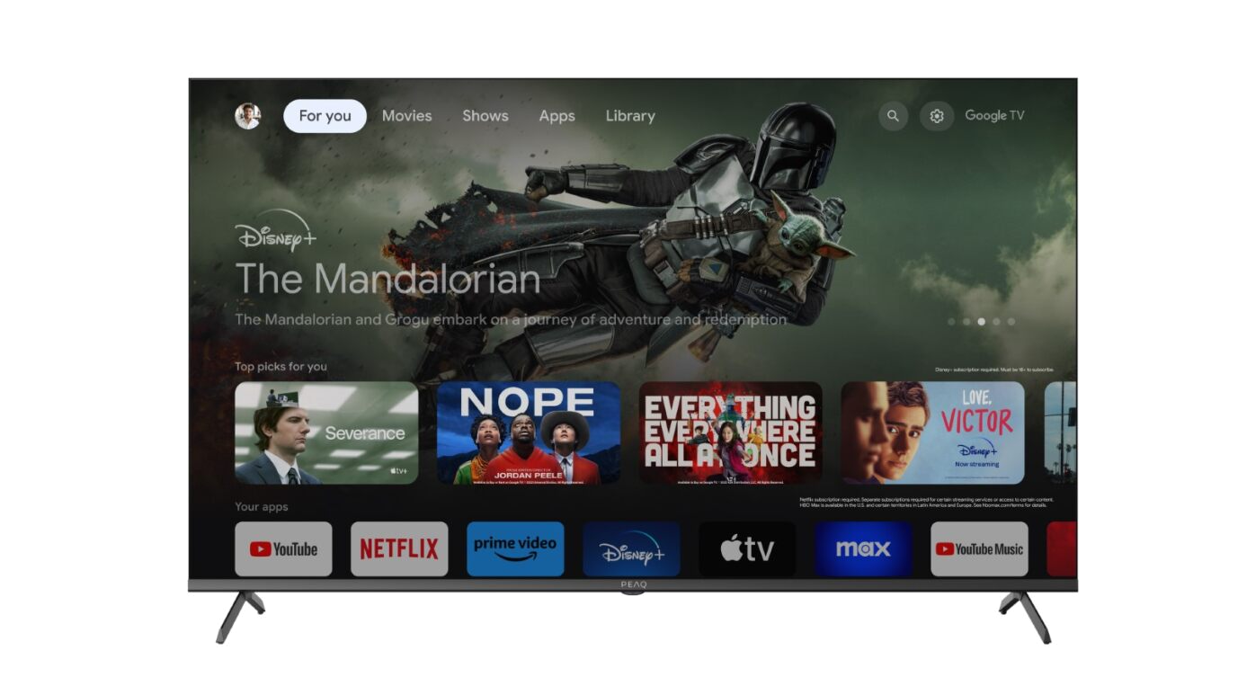 Una pantalla de TV que muestra The Mandalorian en Disney+. Varios iconos de aplicaciones debajo del video.