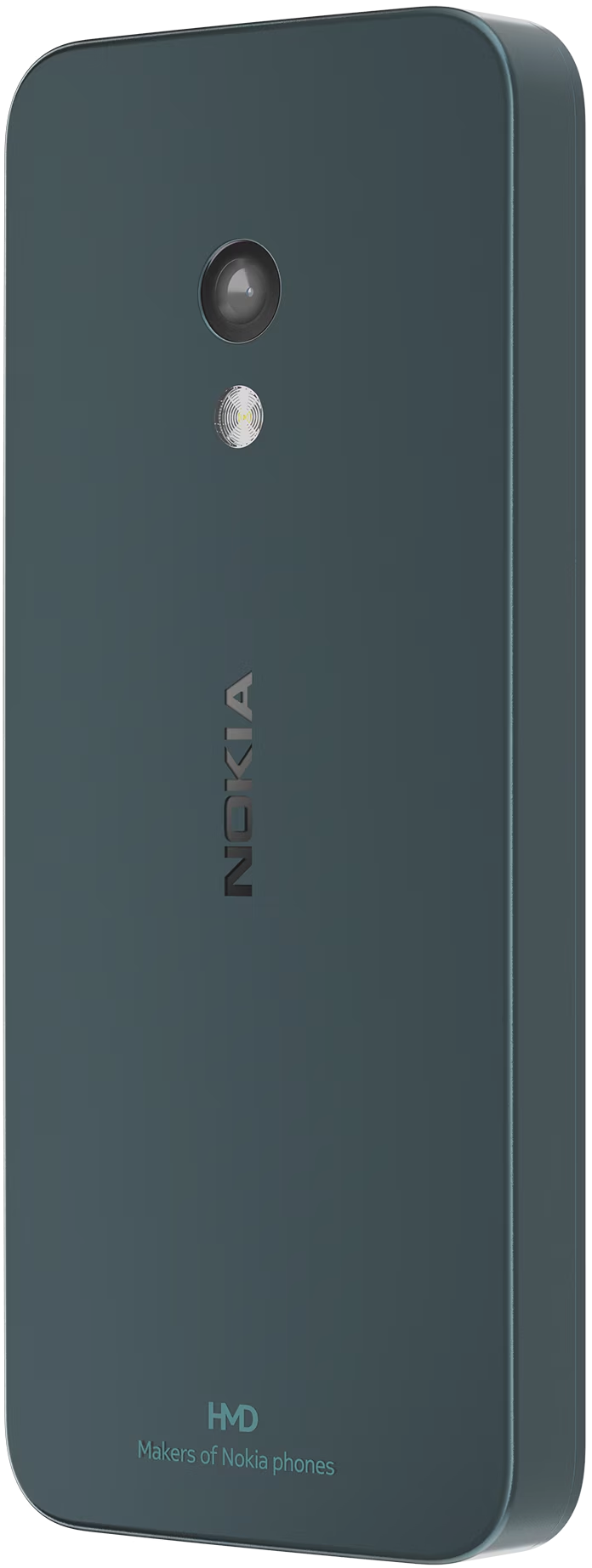 Sötétzöld Nokia telefon hátulja, kamerával, Nokia és HMD logókkal, fehér háttéren.