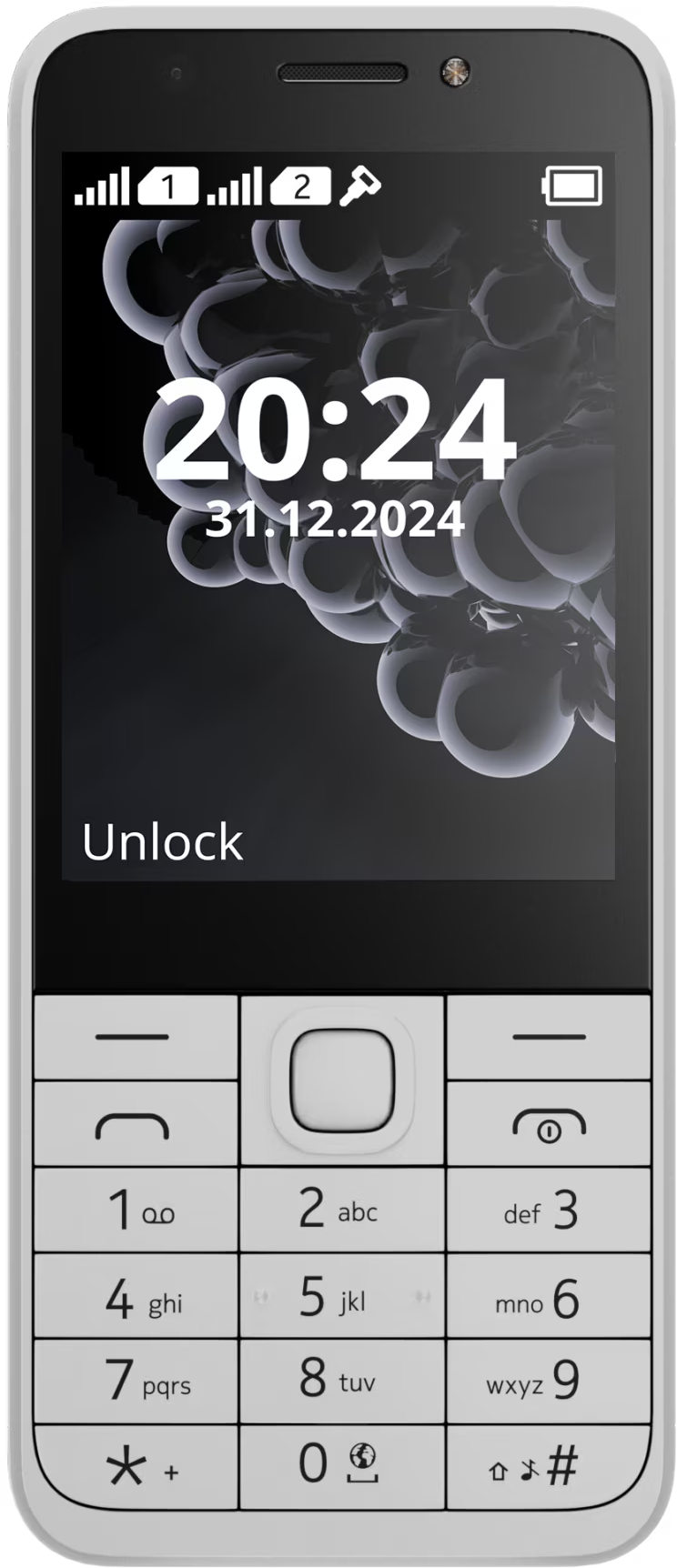 Egy szürke mobiltelefon számbillentyűzettel és a képernyőn az időpont és dátum.