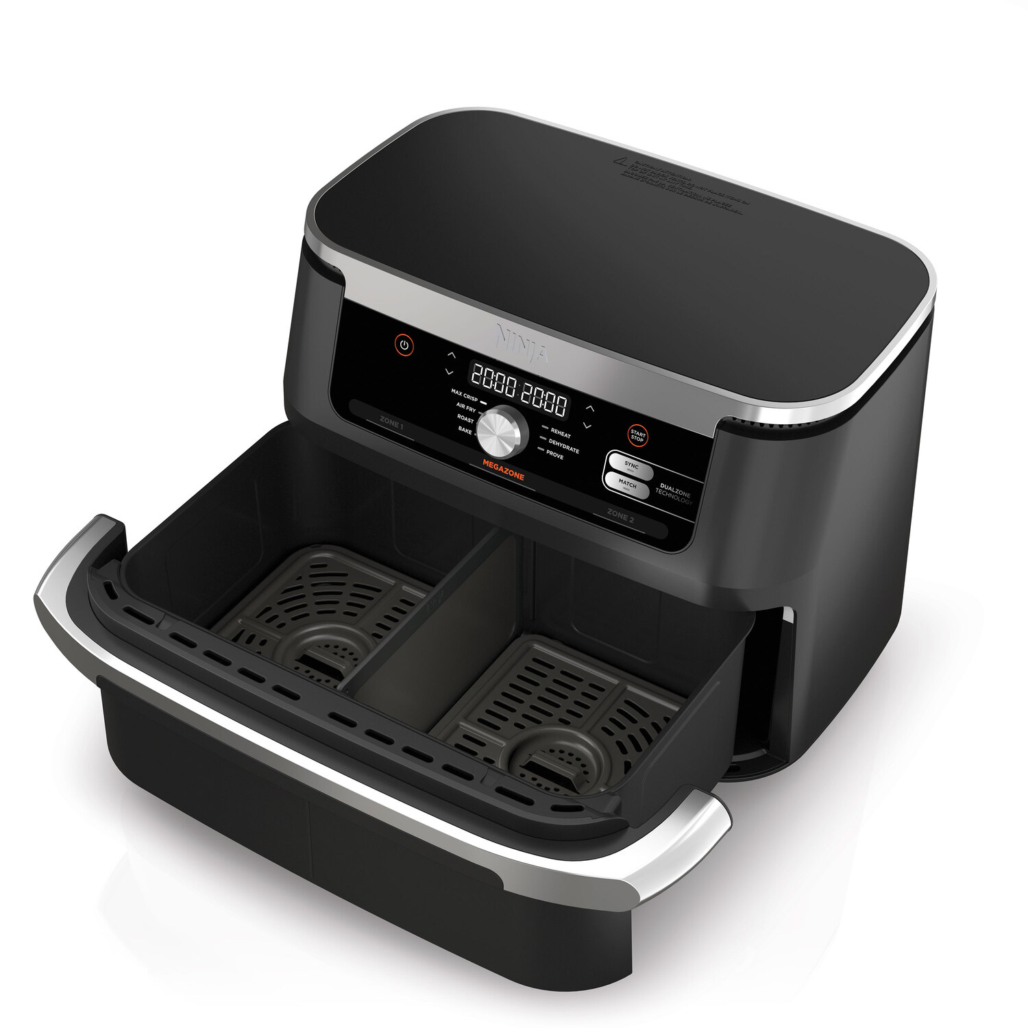 Zwarte airfryer met twee compartimenten. Bedieningspaneel met temperatuur- en tijdinstellingen.