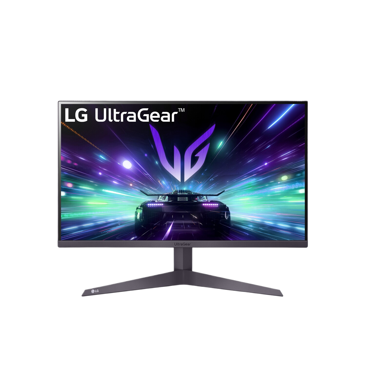 Computermonitor met LG UltraGear logo, een autorace-ontwerp op het scherm. Zwarte achtergrond.