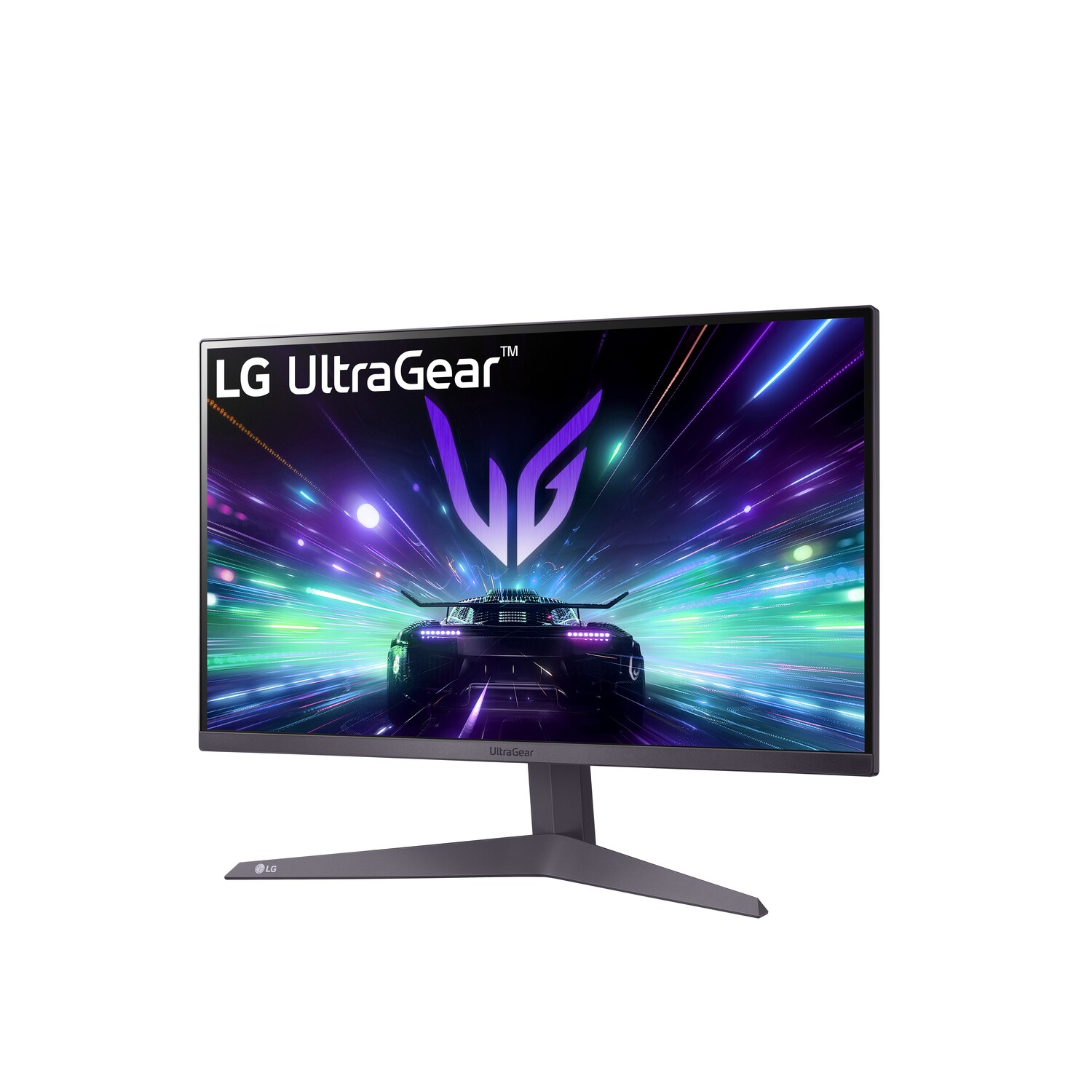 Een LG UltraGear monitor op een witte achtergrond. Het scherm toont een autoracespel.