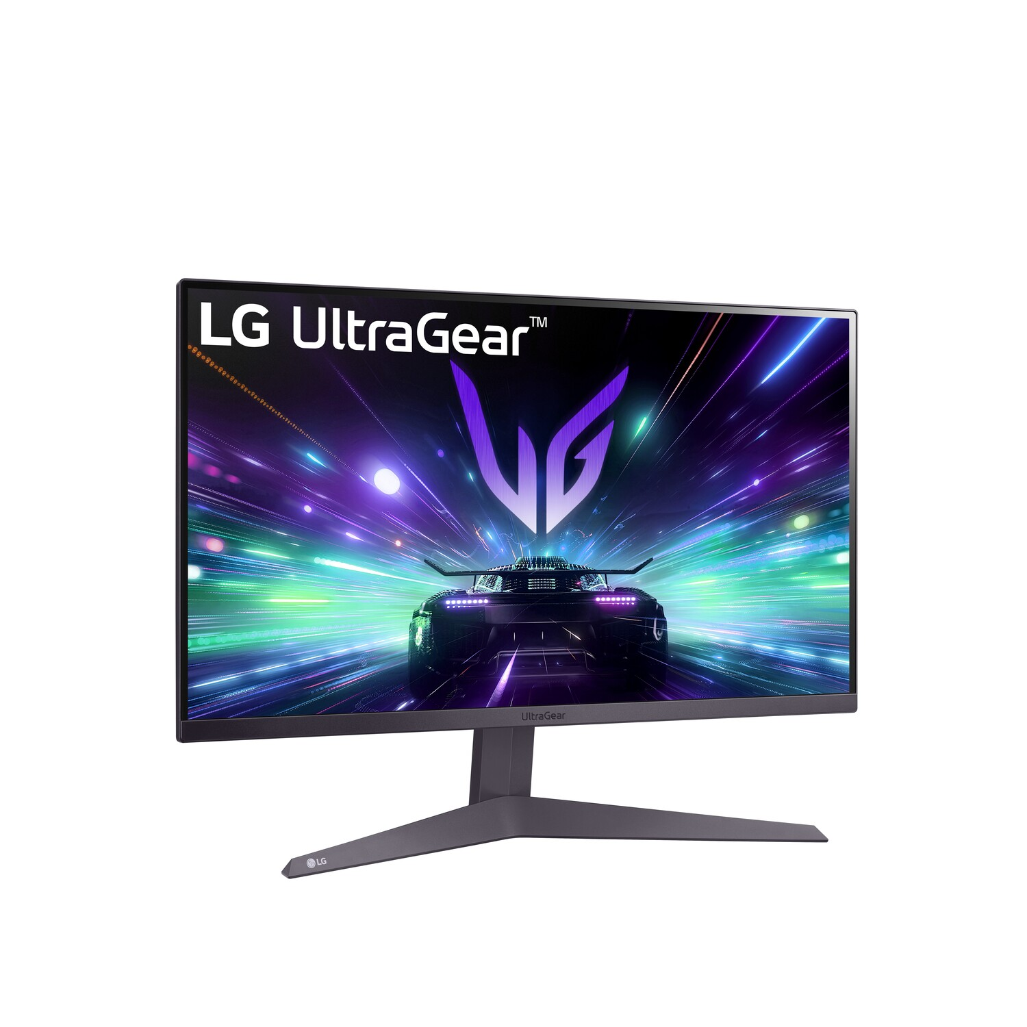 LG UltraGear monitor toont een racegamescène. Het scherm is zwart met een raceauto en paarse accenten.