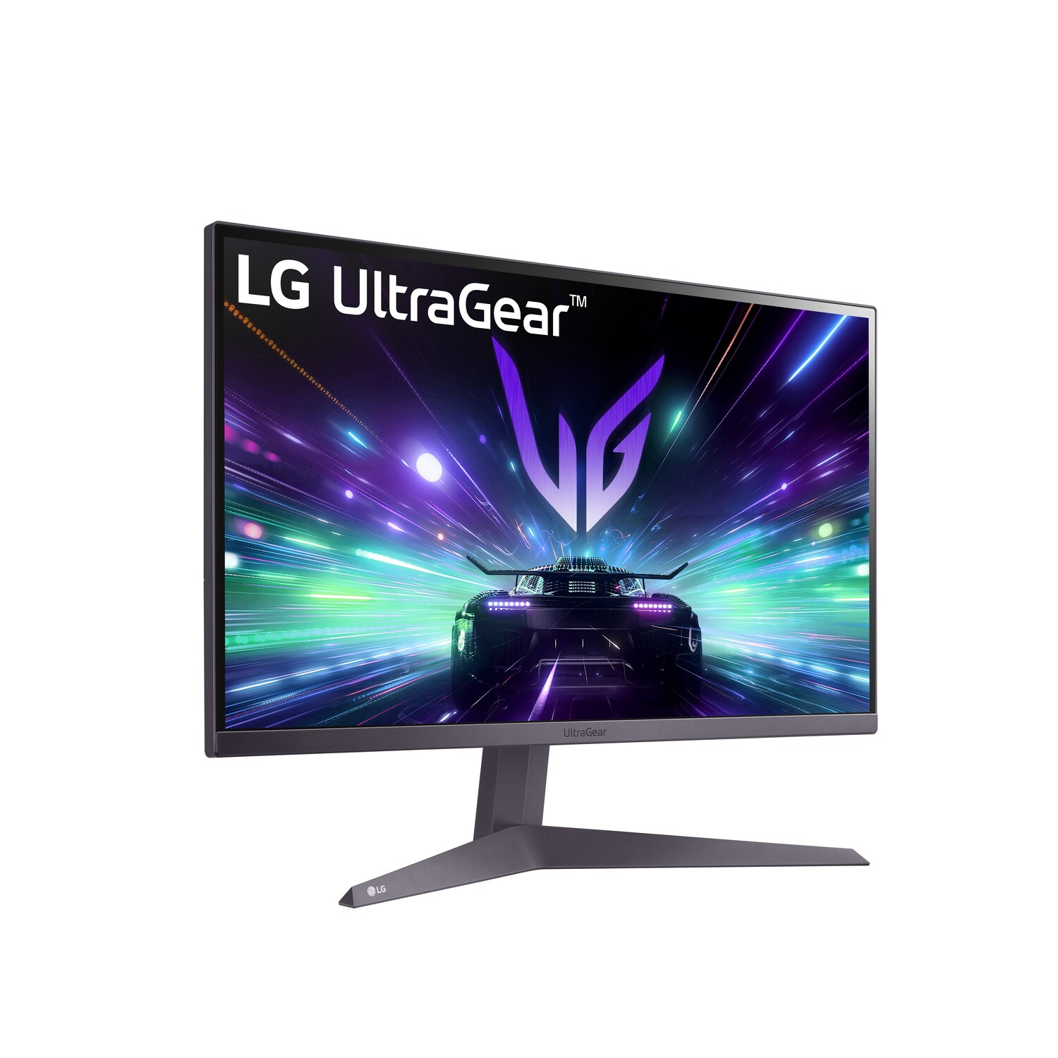 LG UltraGear gaming monitor met een racegame scène op een witte achtergrond.