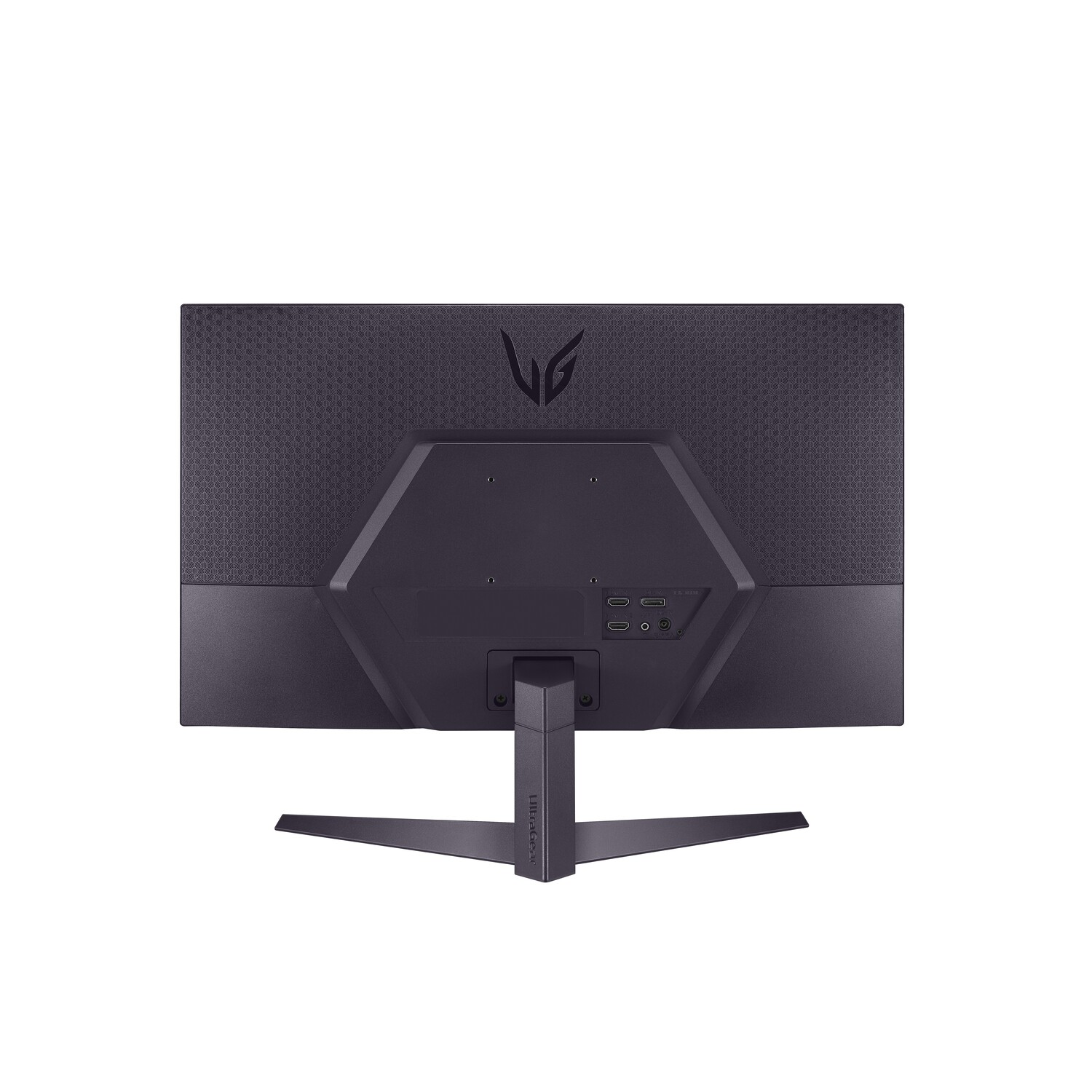Achterkant van een zwarte computermonitor met standaard. Poorten en een logo zijn zichtbaar.