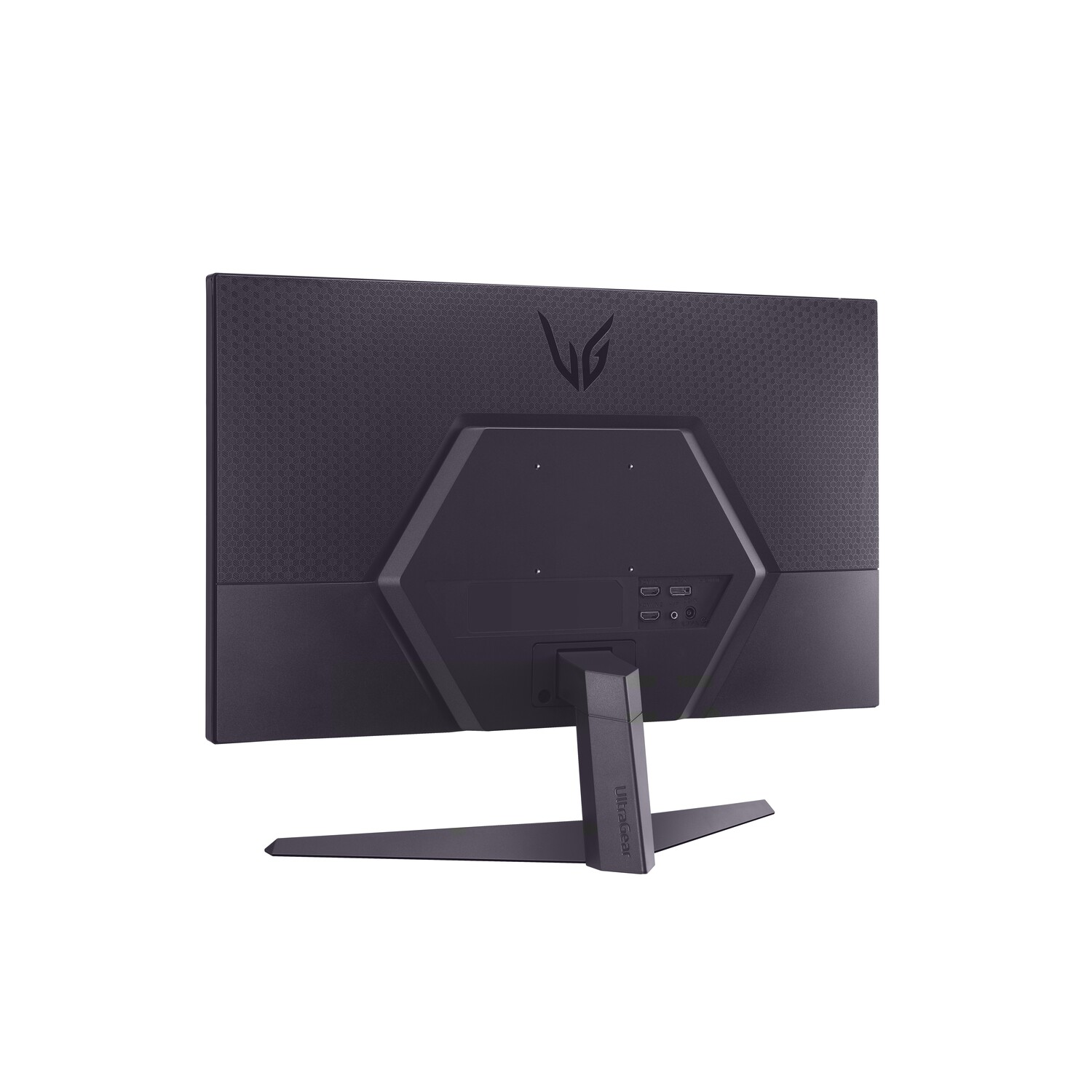 Achterkant van een zwarte monitor met standaard. De achterkant heeft een textuur en een logo.