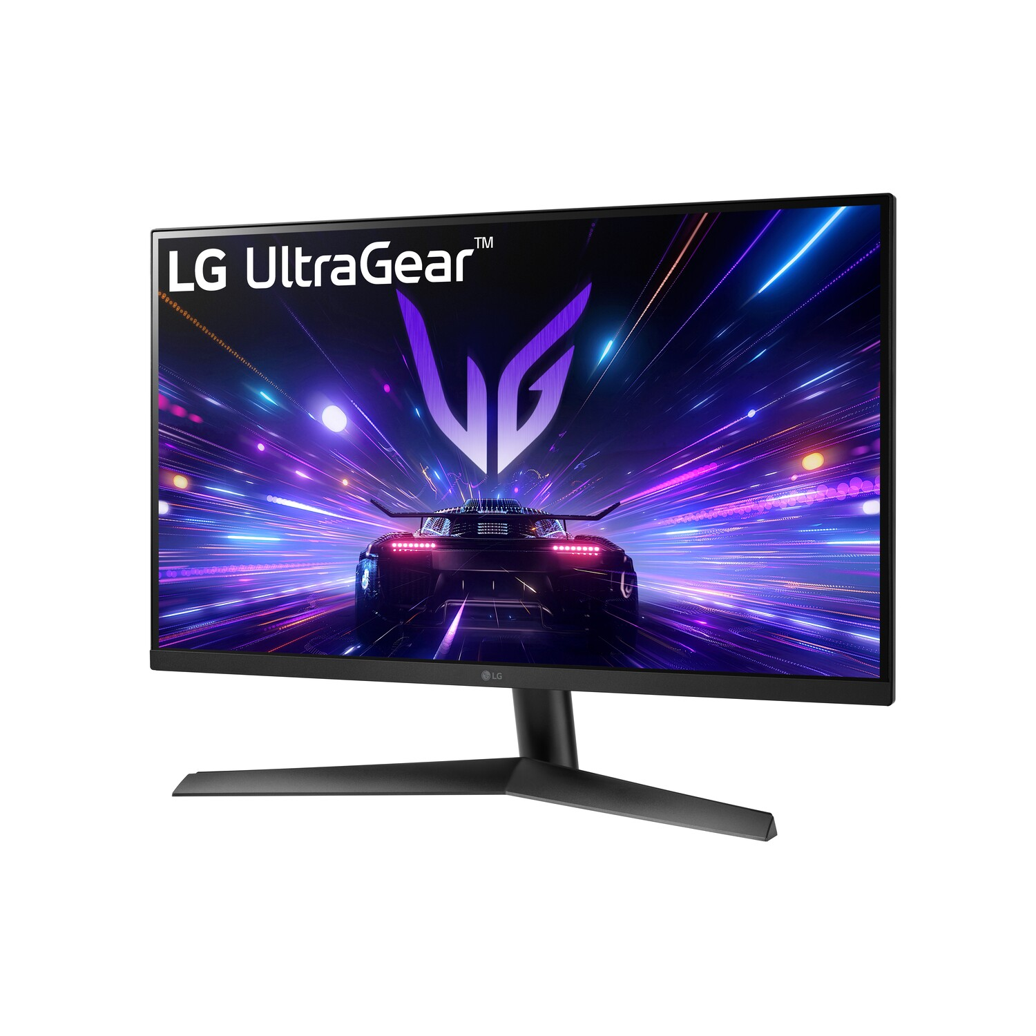 Een LG UltraGear gaming monitor toont een autoracescène. De monitor heeft een zwarte standaard.