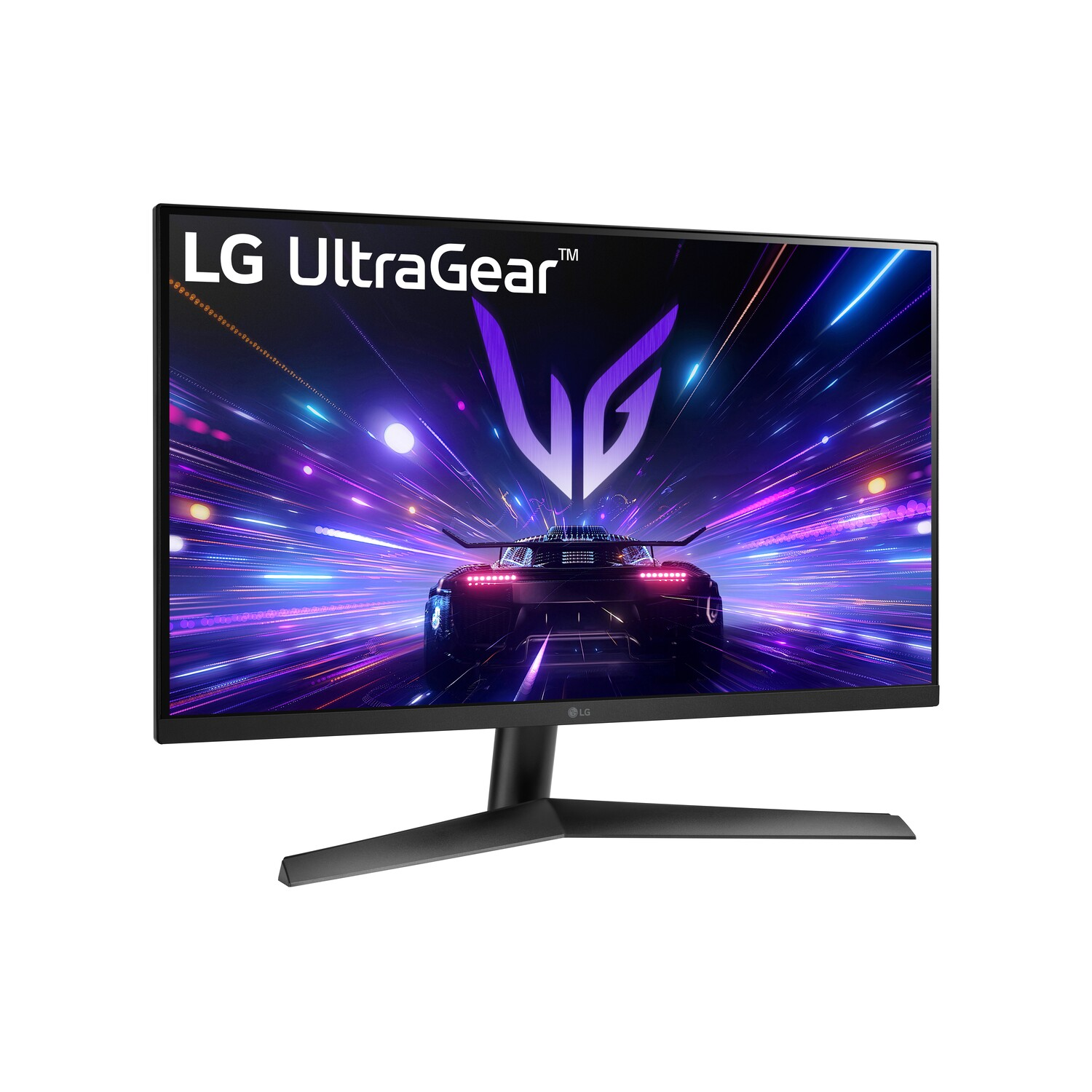 Een zwarte monitor toont een racegamescène, met paarse en blauwe neonlichten.