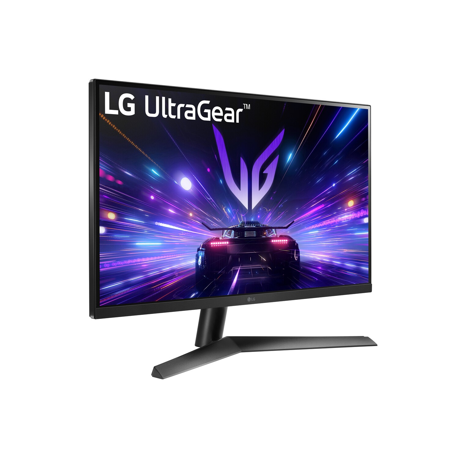 LG UltraGear monitor toont een auto die racet op een paars verlichte baan.