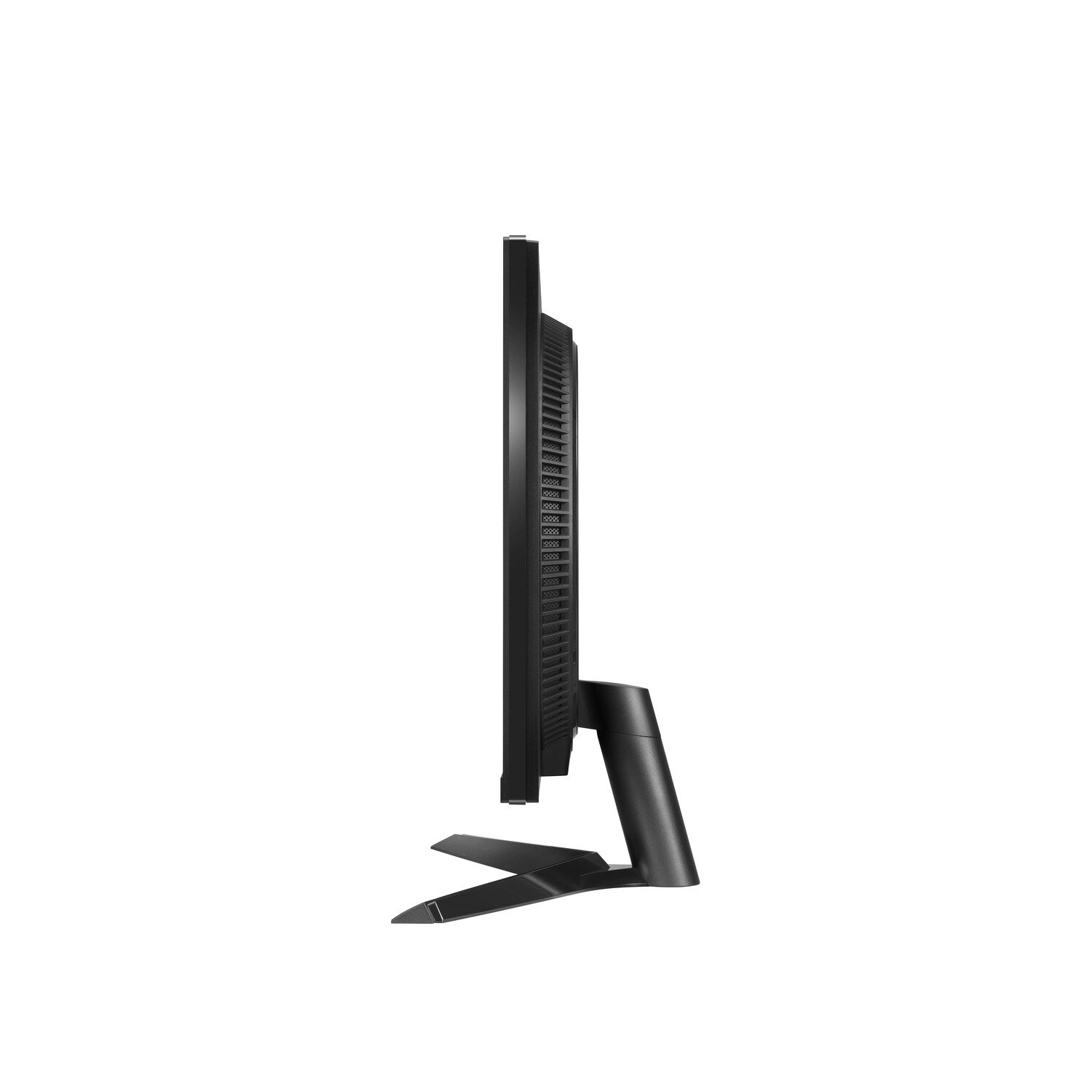 Een zwarte computermonitor, zijaanzicht. Hij heeft een zwarte standaard en een gestructureerd achterpaneel.