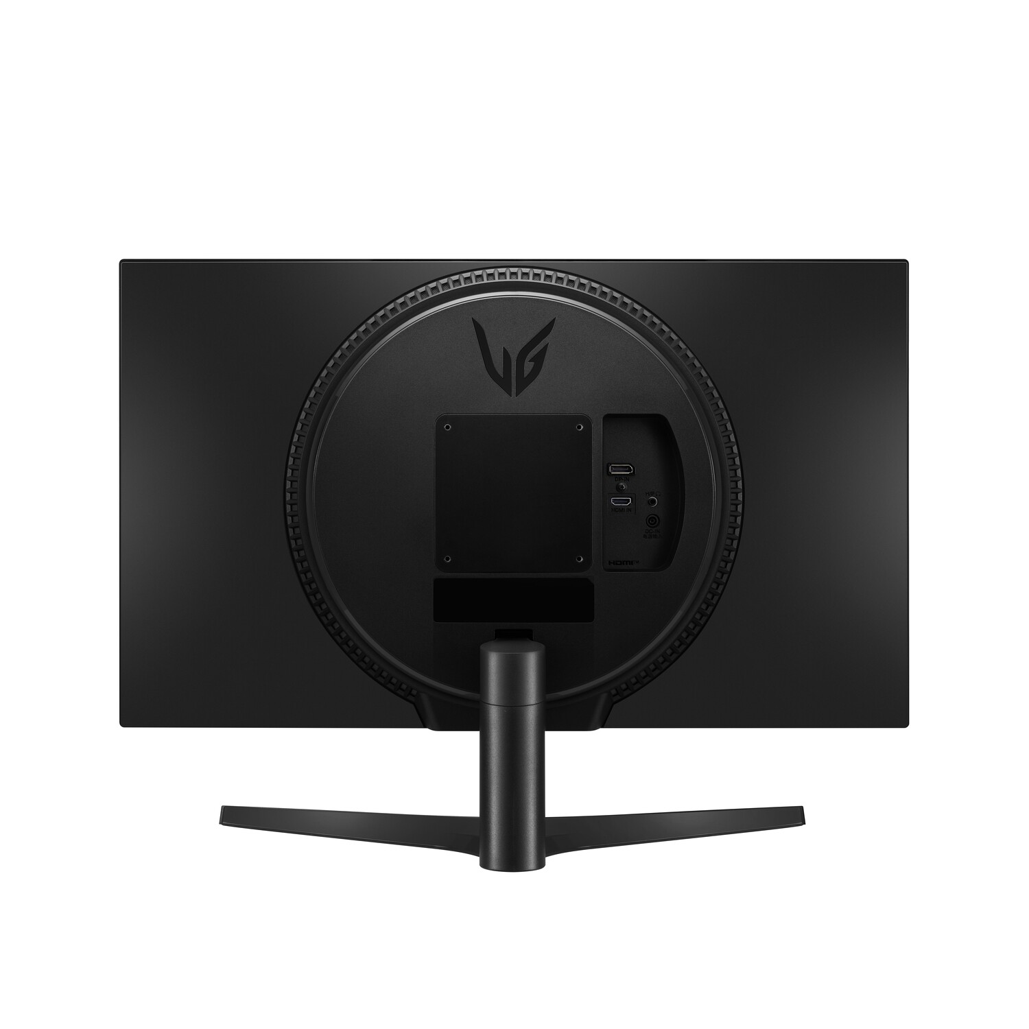 Achteraanzicht van een zwarte computermonitor met poorten en standaard.