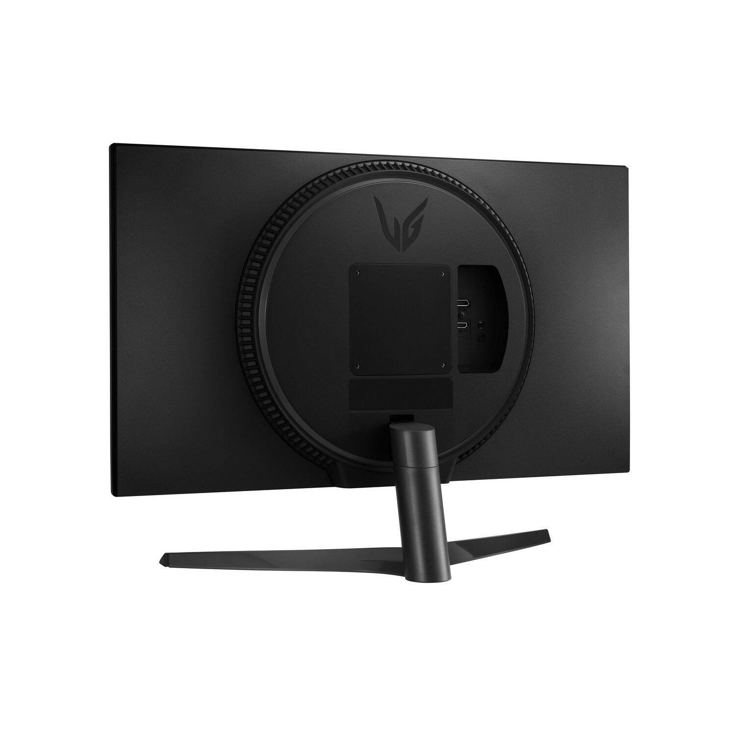 Zwarte computermonitor, achteraanzicht, met standaard en logo.