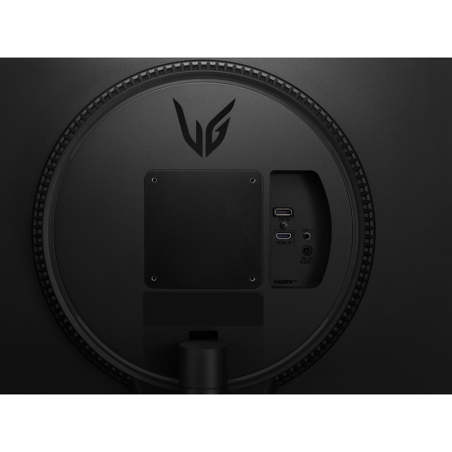 Close-up van de achterkant van een gamingmonitor met poorten en logo.