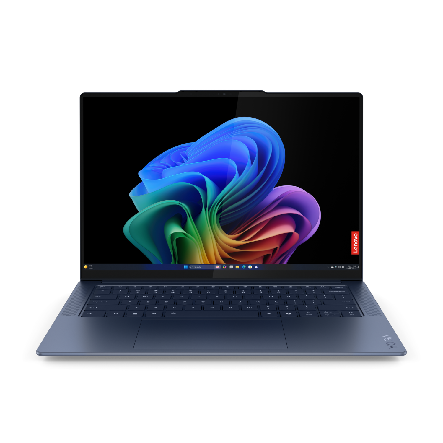 Blauwe Lenovo-laptop met een kleurrijke abstracte afbeelding op het scherm.