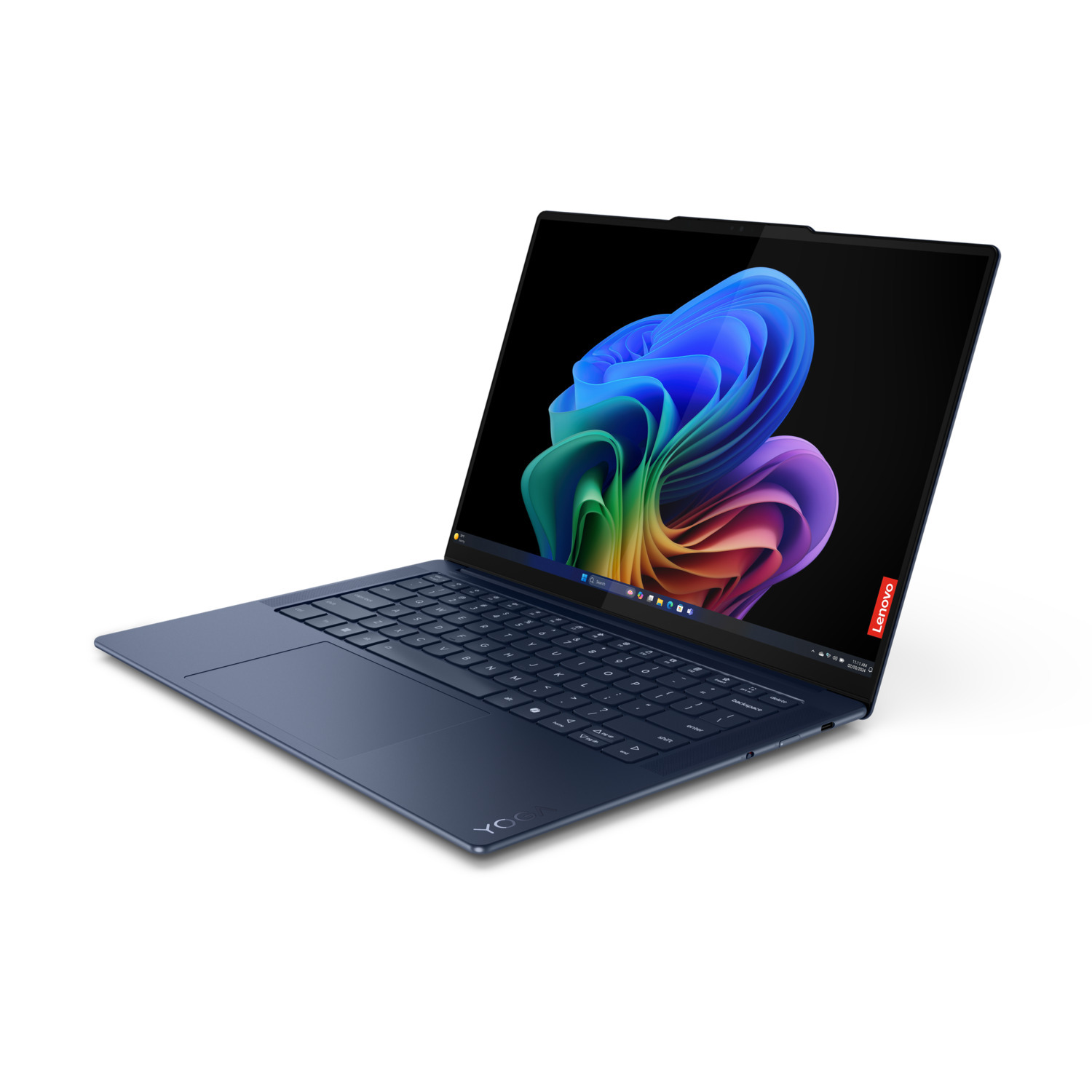 Blauwe Lenovo Yoga laptop, open op een oppervlak. Regenboogkleurig scherm, zwarte achtergrond.